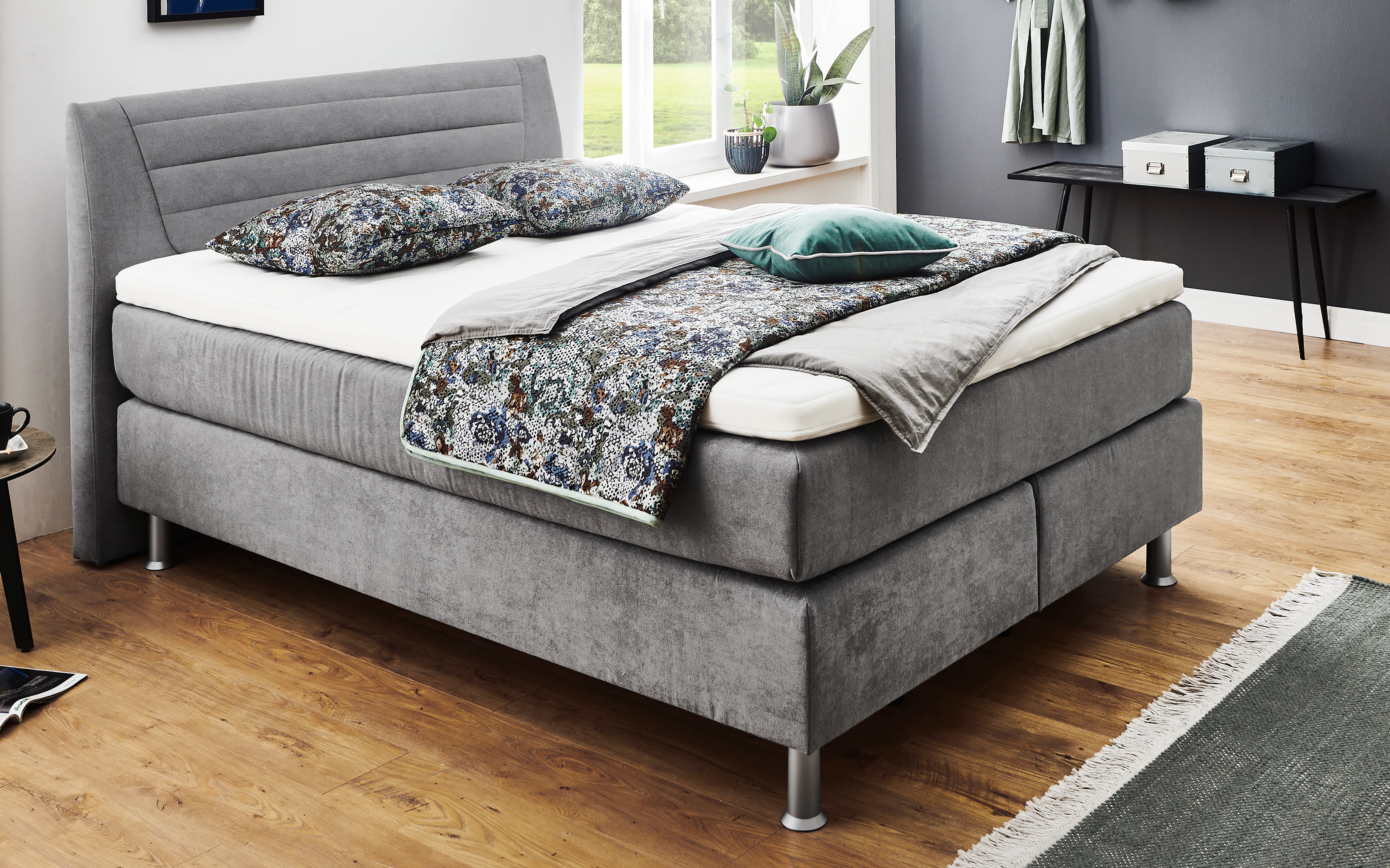 Boxspringbett Luvara, grau, 140 x 200 cm, Härtegrad 3
