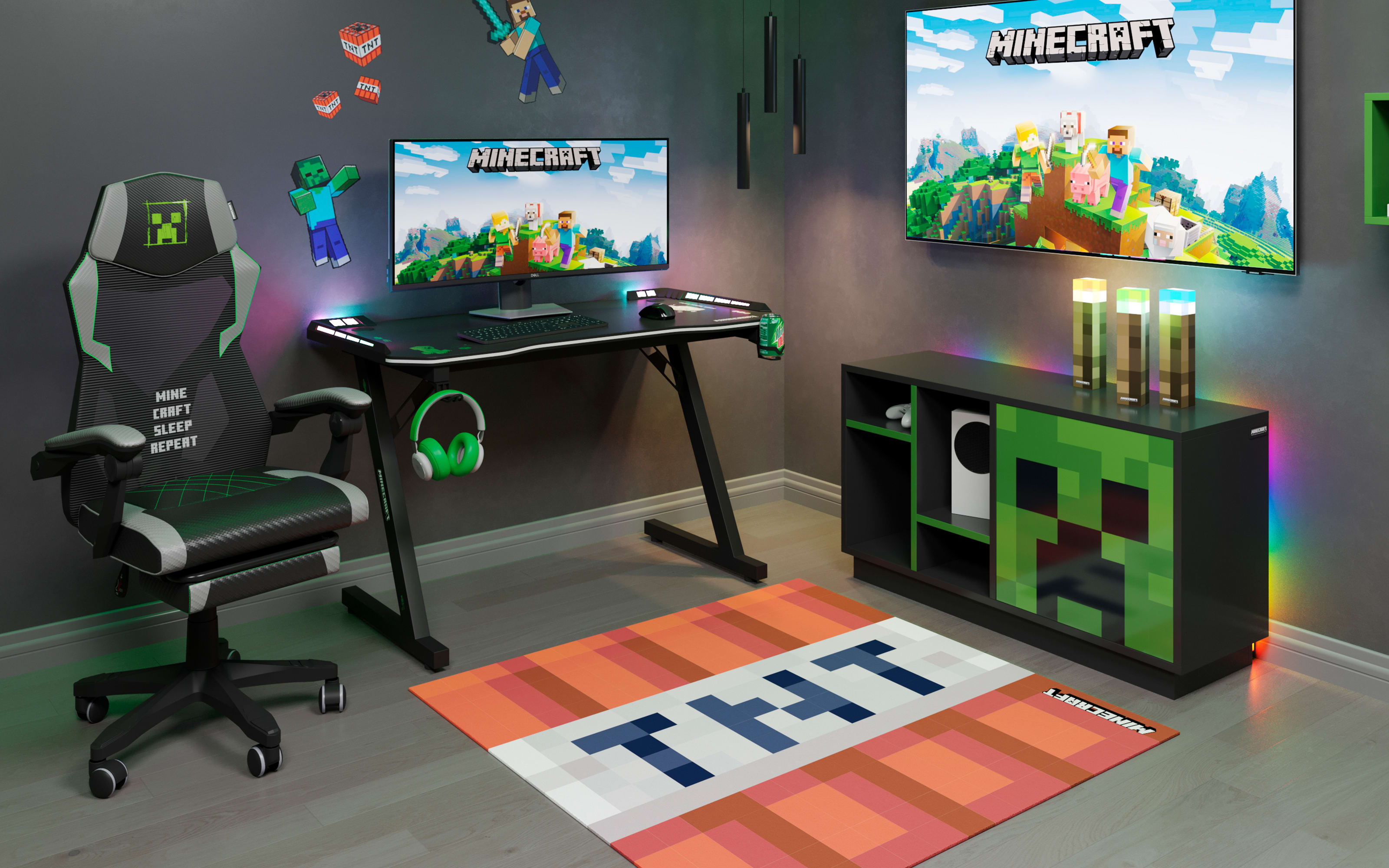 Minecraft Gaming Tisch, schwarz, 120 x 74 cm, inkl. Getränkehalterung