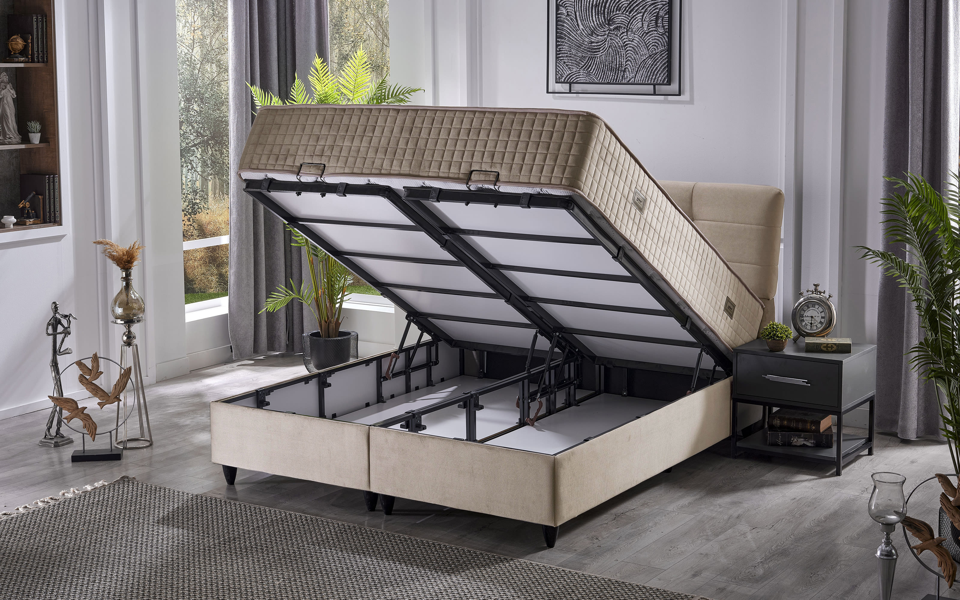 Polsterbett Naomi, beige, 180 x 200 cm, inkl. Bettkasten