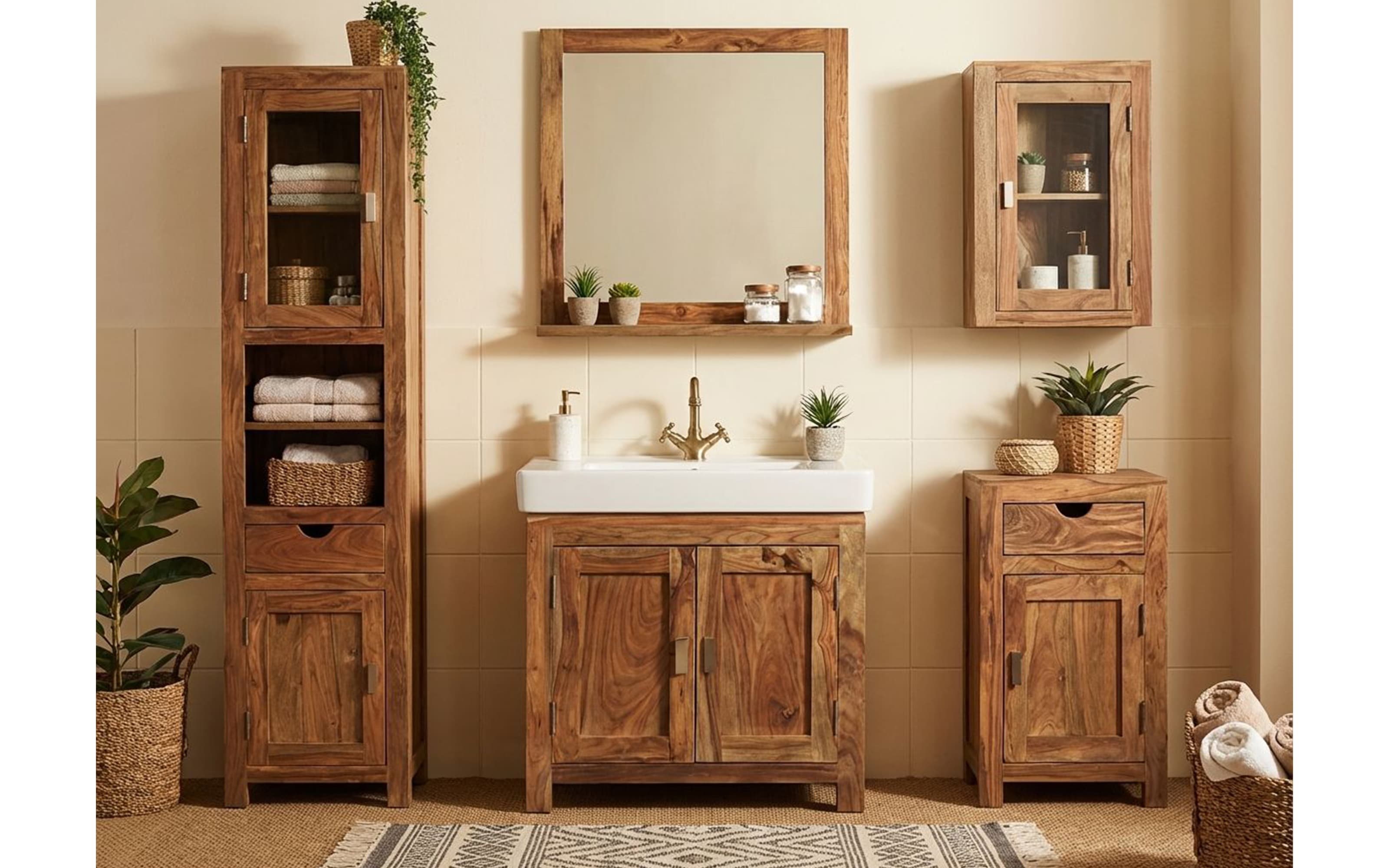 Waschbeckenunterschrank Yoga, massives Shishamholz 