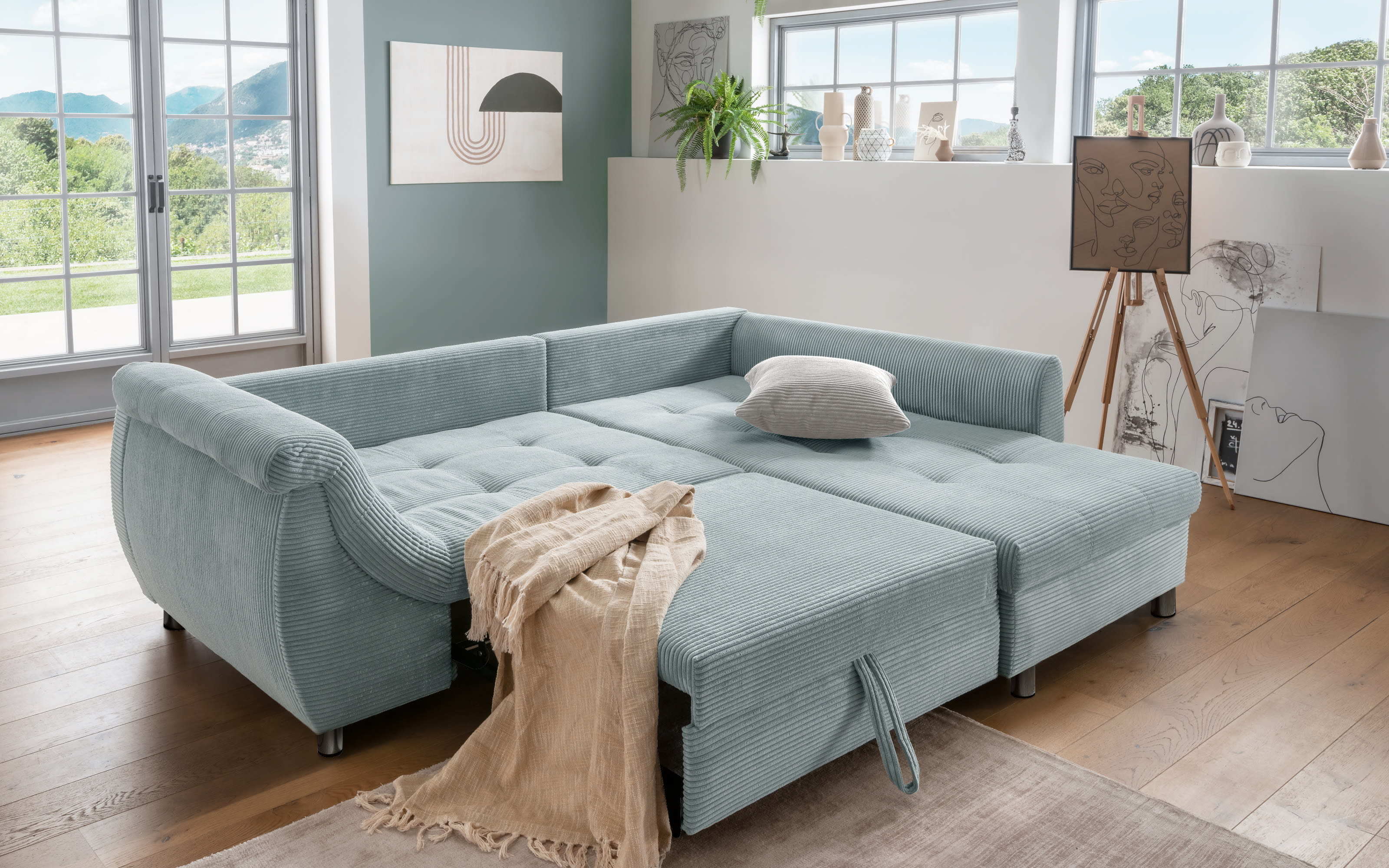 Wohnlandschaft Home, aqua, Ottomane rechts, inkl. Liegefunktion