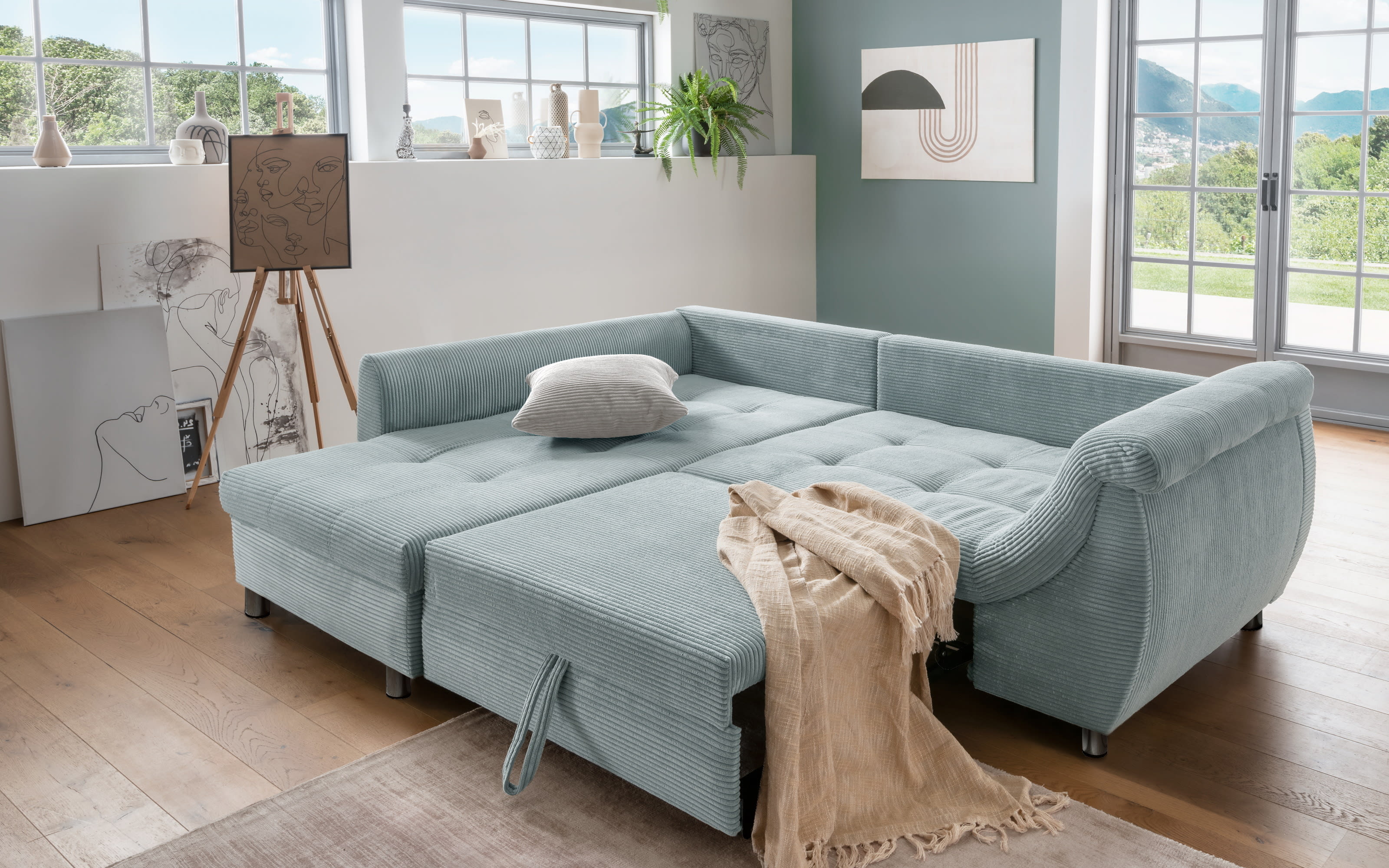 Wohnlandschaft Home, aqua, Ottomane links, inkl. Liegefunktion