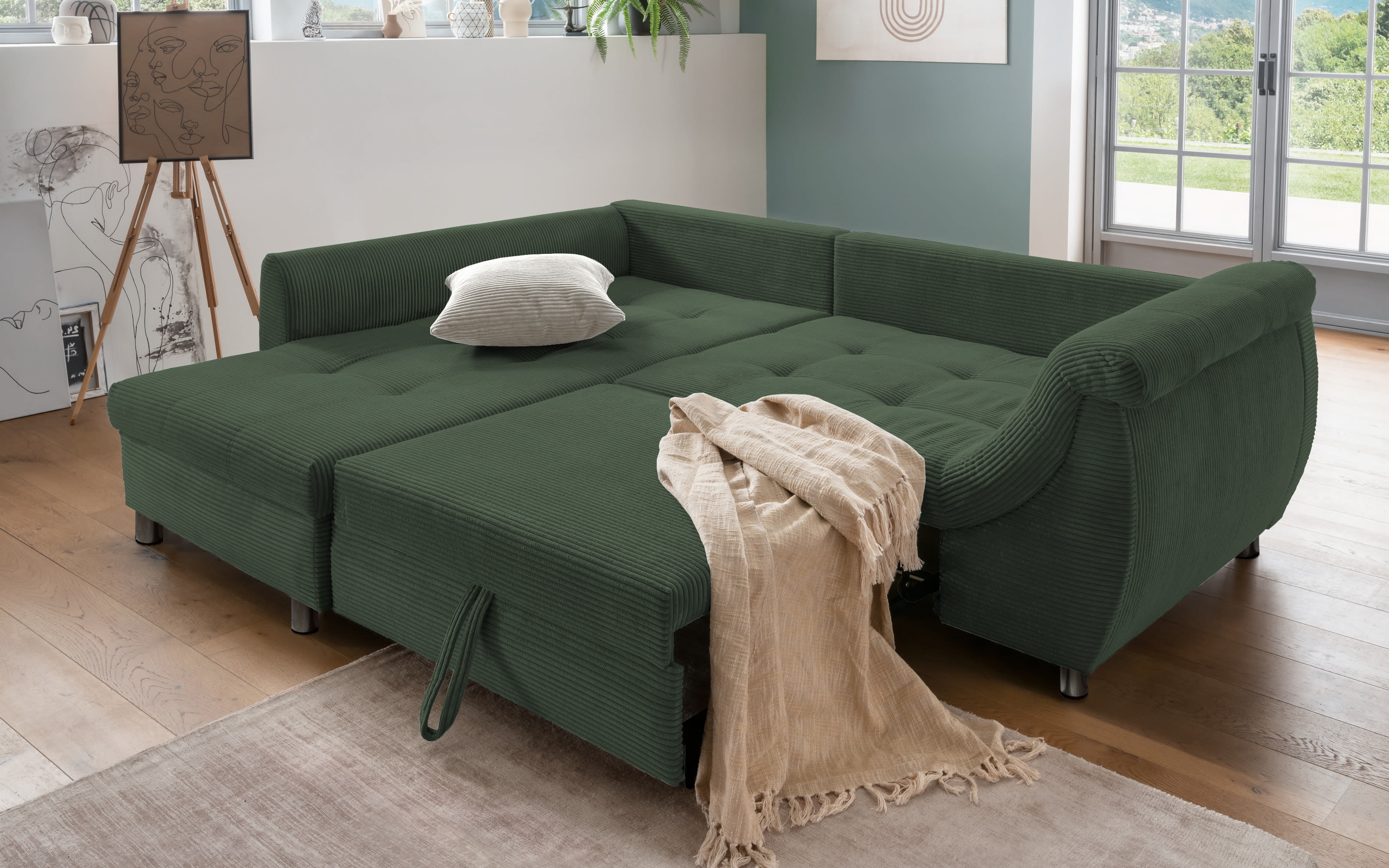 Wohnlandschaft Home, moosgrün, Ottomane links, inkl. Liegefunktion