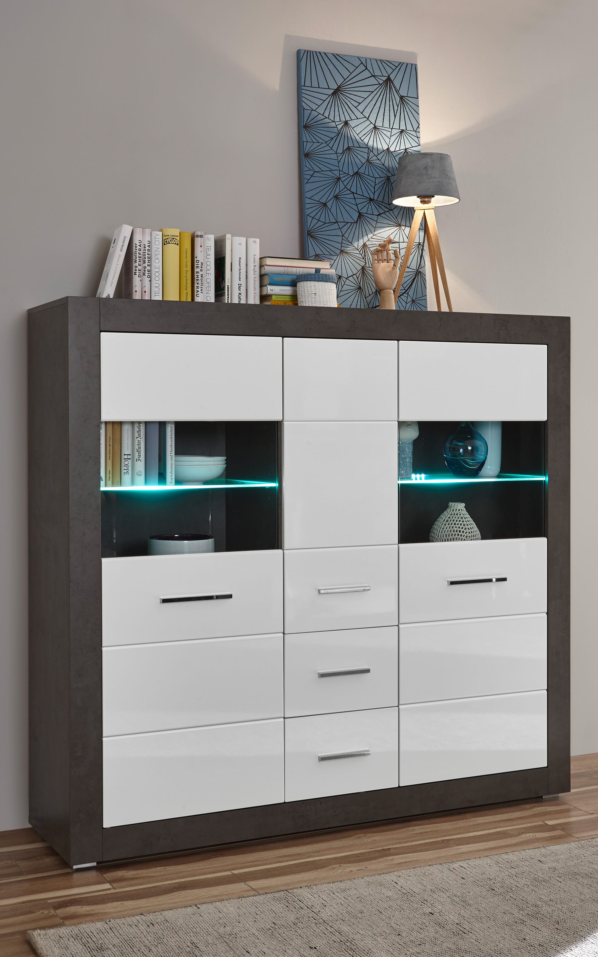 Highboard Etero, Dark Concret, weiß Hochglanz