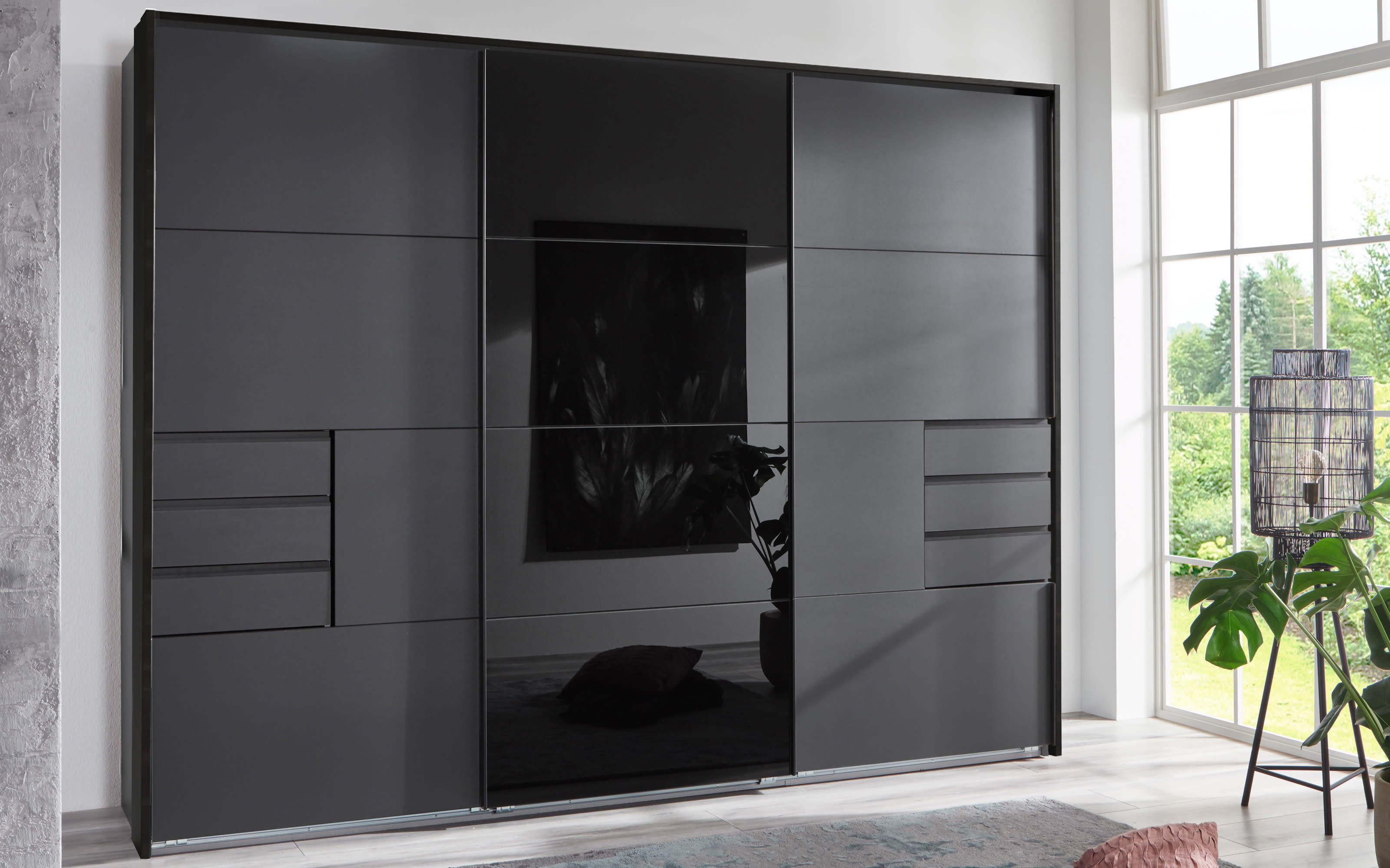 Schwebetürenschrank Saigon in graphit, inklusive Passepartoutrahmen, Breite ca. 273 cm