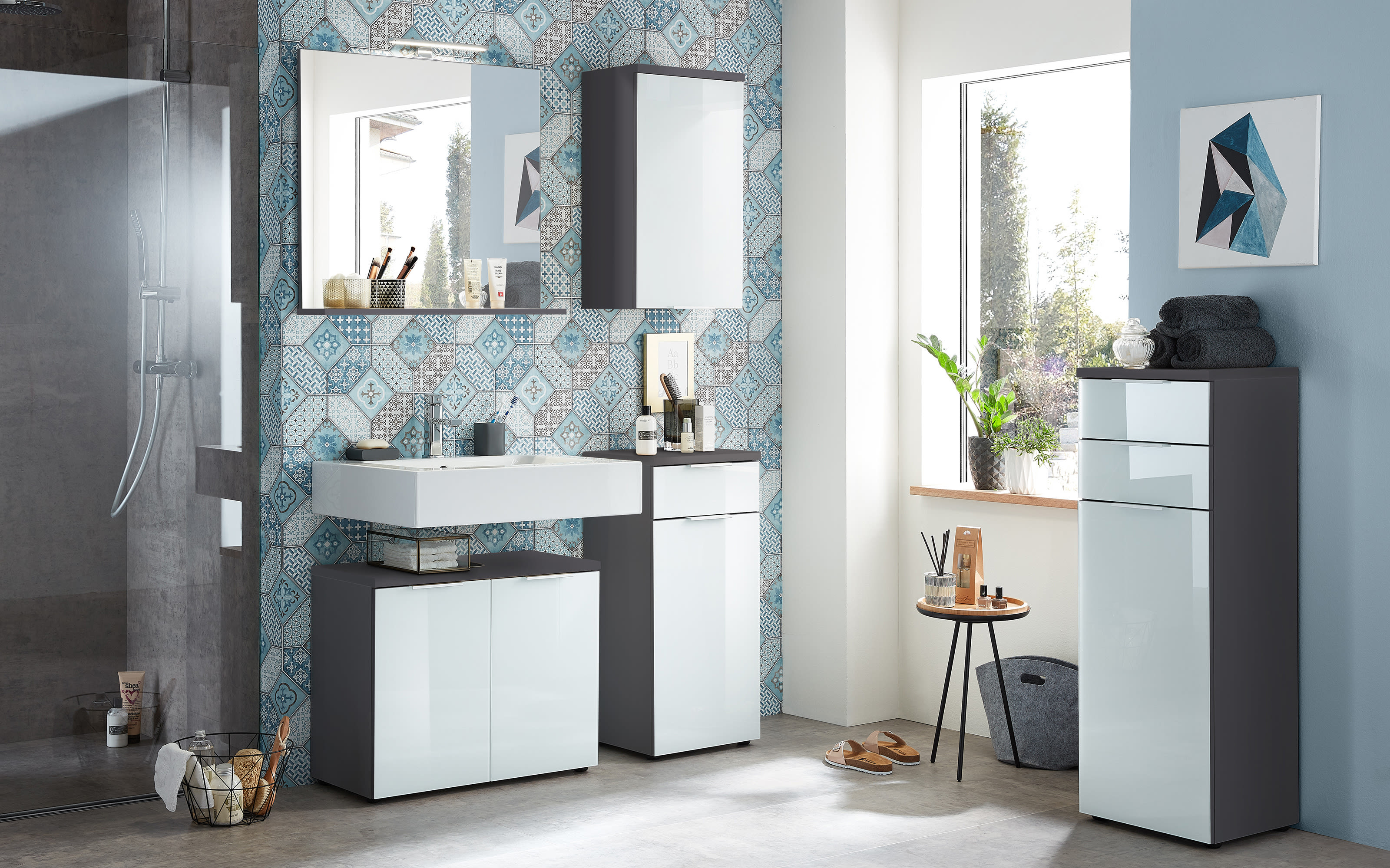 Hardeck kaufen bei Glas-graphit Pescara online Waschbeckenunterschrank weiß in