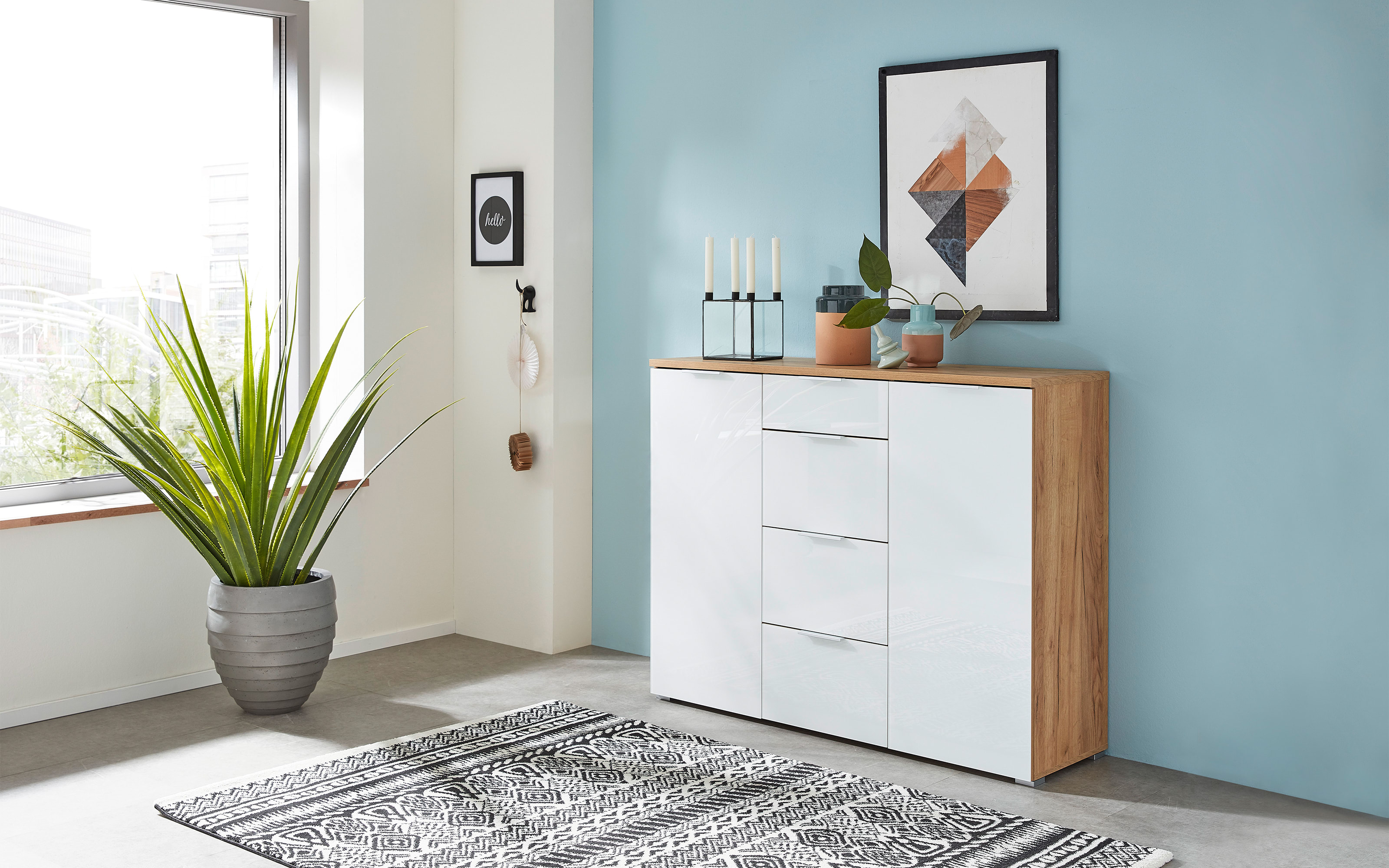 Sideboard GW-Telde, weiß/Eiche Nachbildung, 134 cm, inkl. Softclose Funktion 