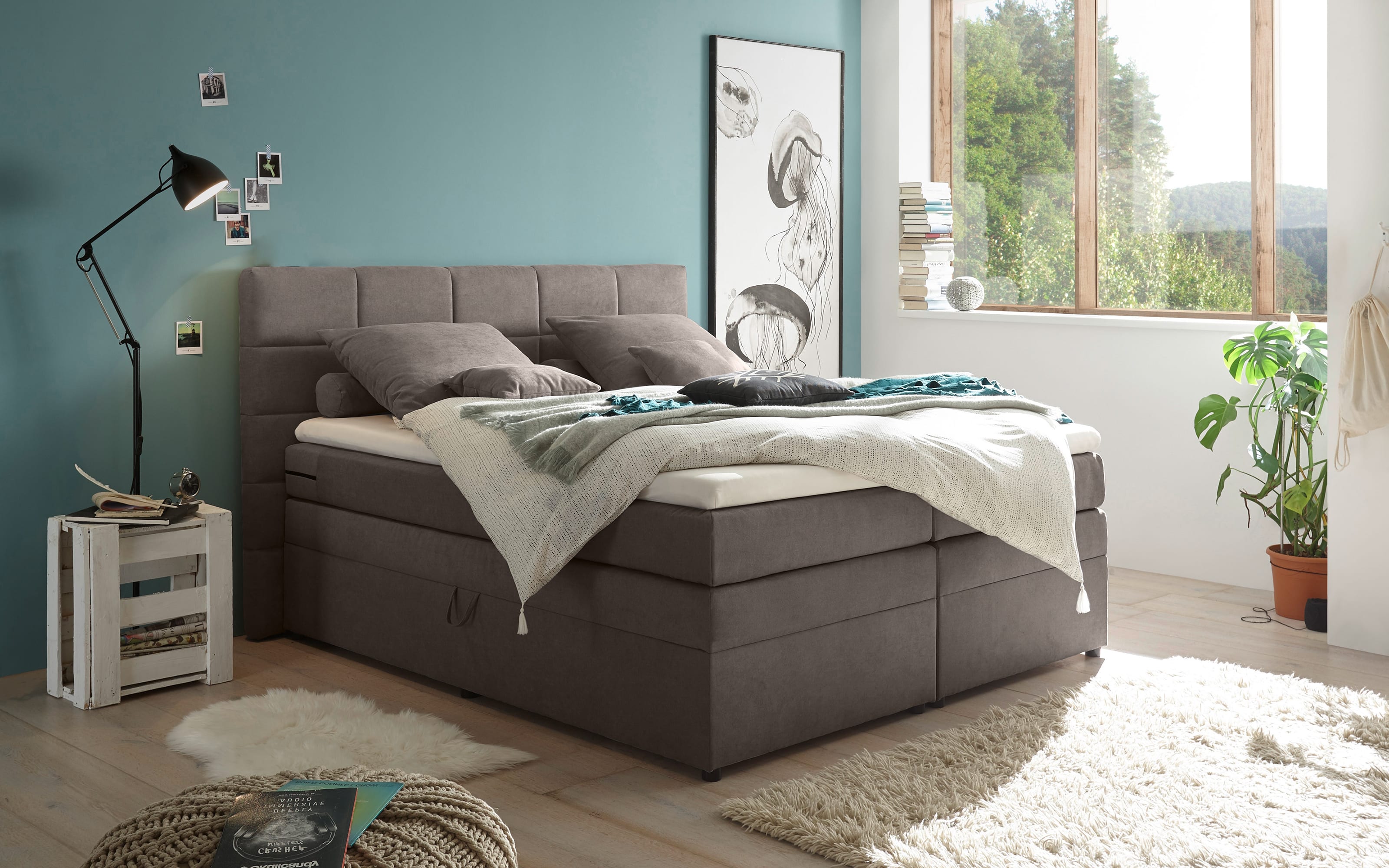 Boxspringbett Tacoma 3, Soro stone, 180 x 200 cm, inkl. Topper und Bettkasten