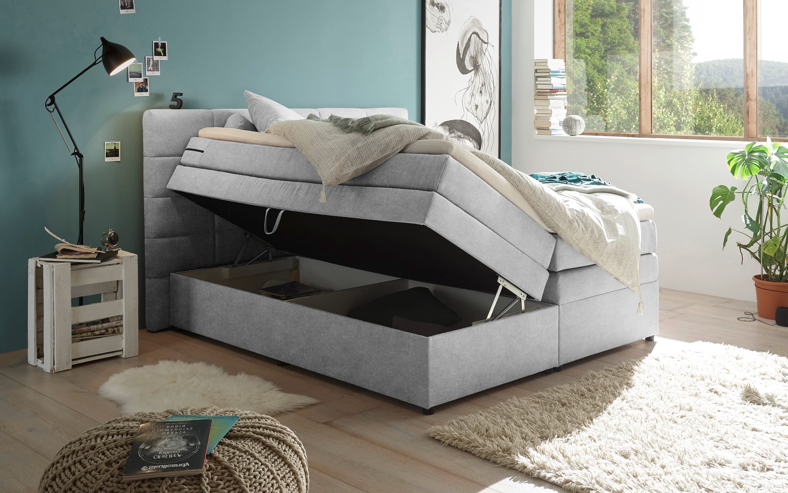 Boxspringbett Tacoma 3, Uran silver, 180 x 200 cm, inkl. Topper und Bettkasten