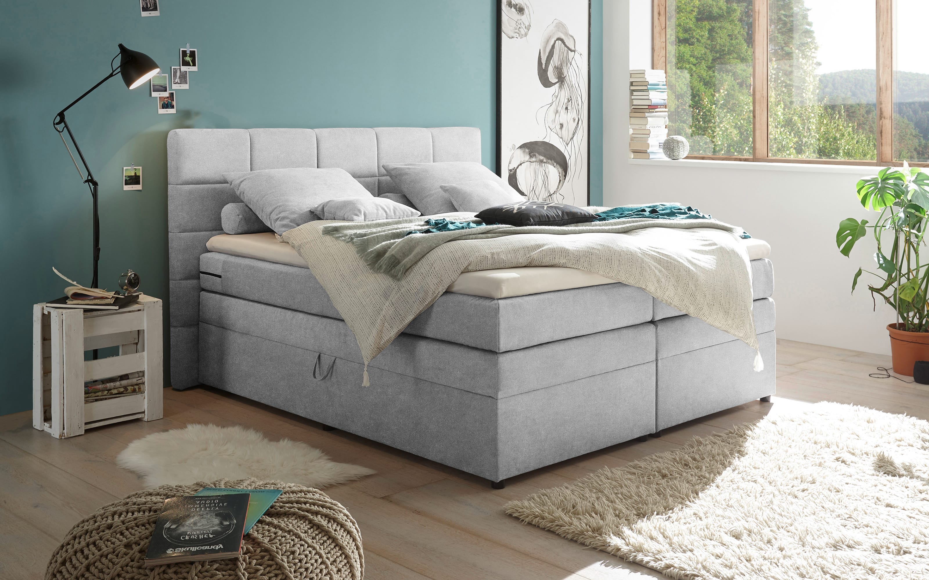 Boxspringbett Tacoma 3, Uran silver, 180 x 200 cm, inkl. Topper und Bettkasten