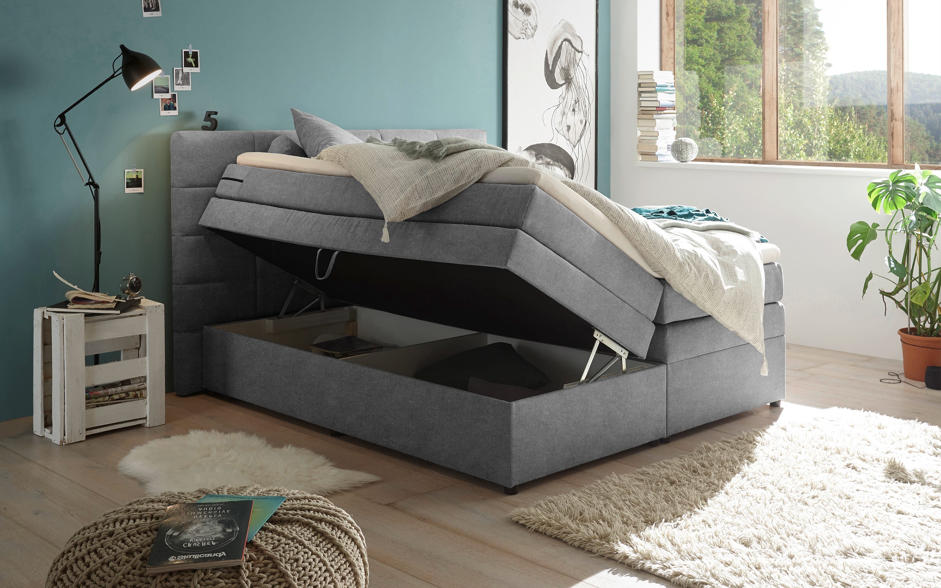 Boxspringbett Tacoma 3, Uran dark grey, 180 x 200 cm, inkl. Topper und Bettkasten