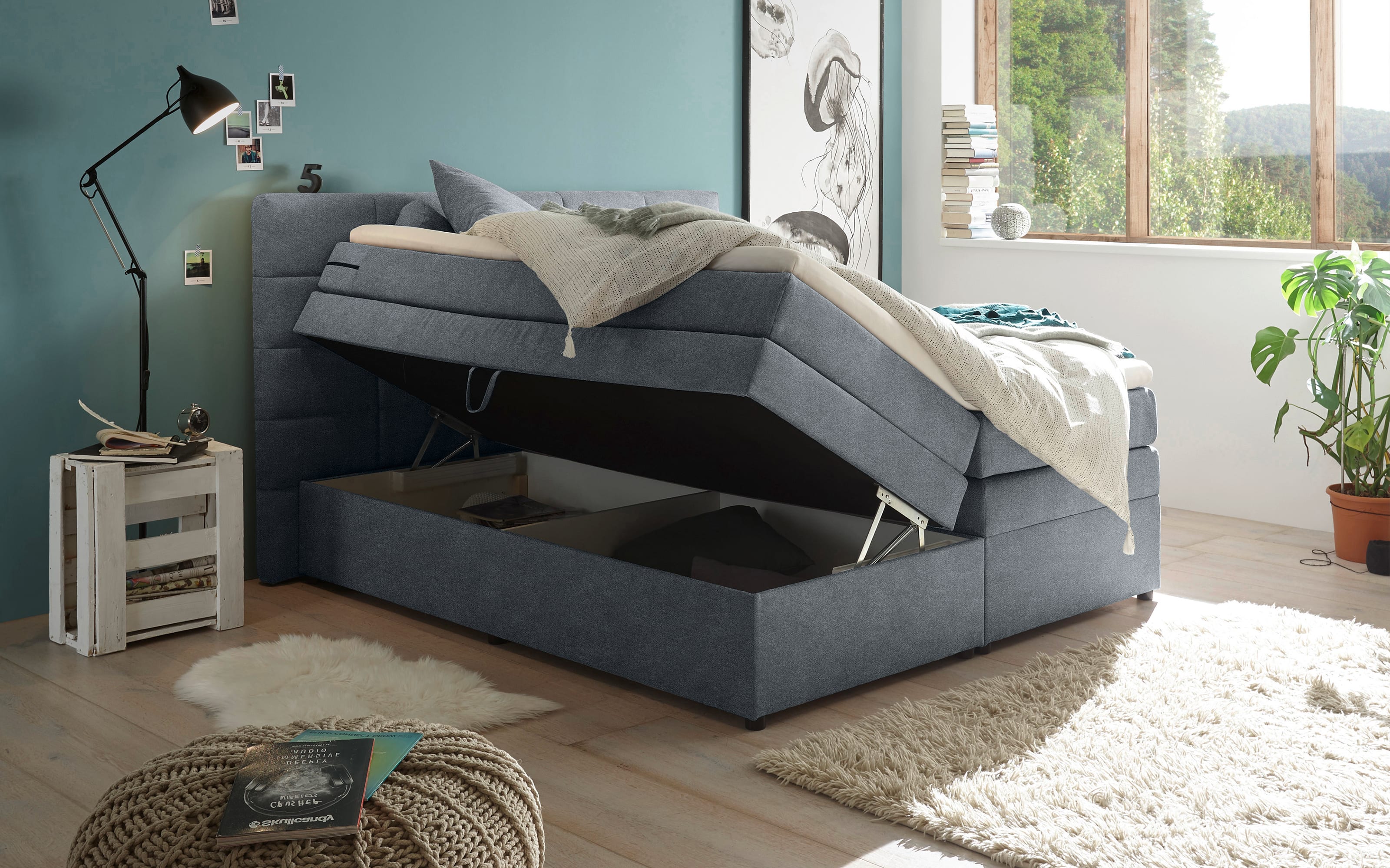 Boxspringbett Tacoma 3, Uran anthrazit, 180 x 200 cm, inkl. Topper und Bettkasten