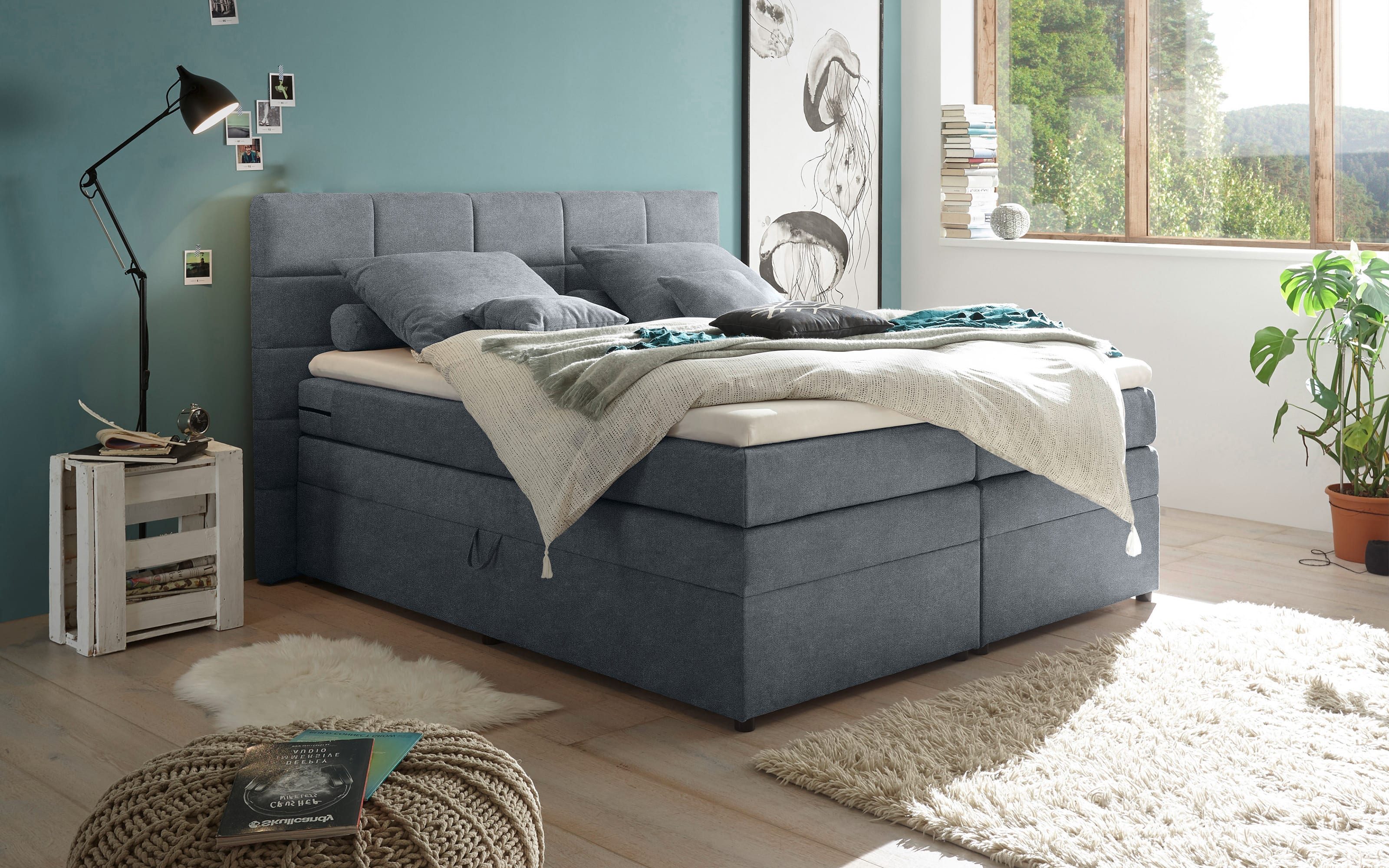 Boxspringbett Tacoma 3, Uran anthrazit, 180 x 200 cm, inkl. Topper und Bettkasten