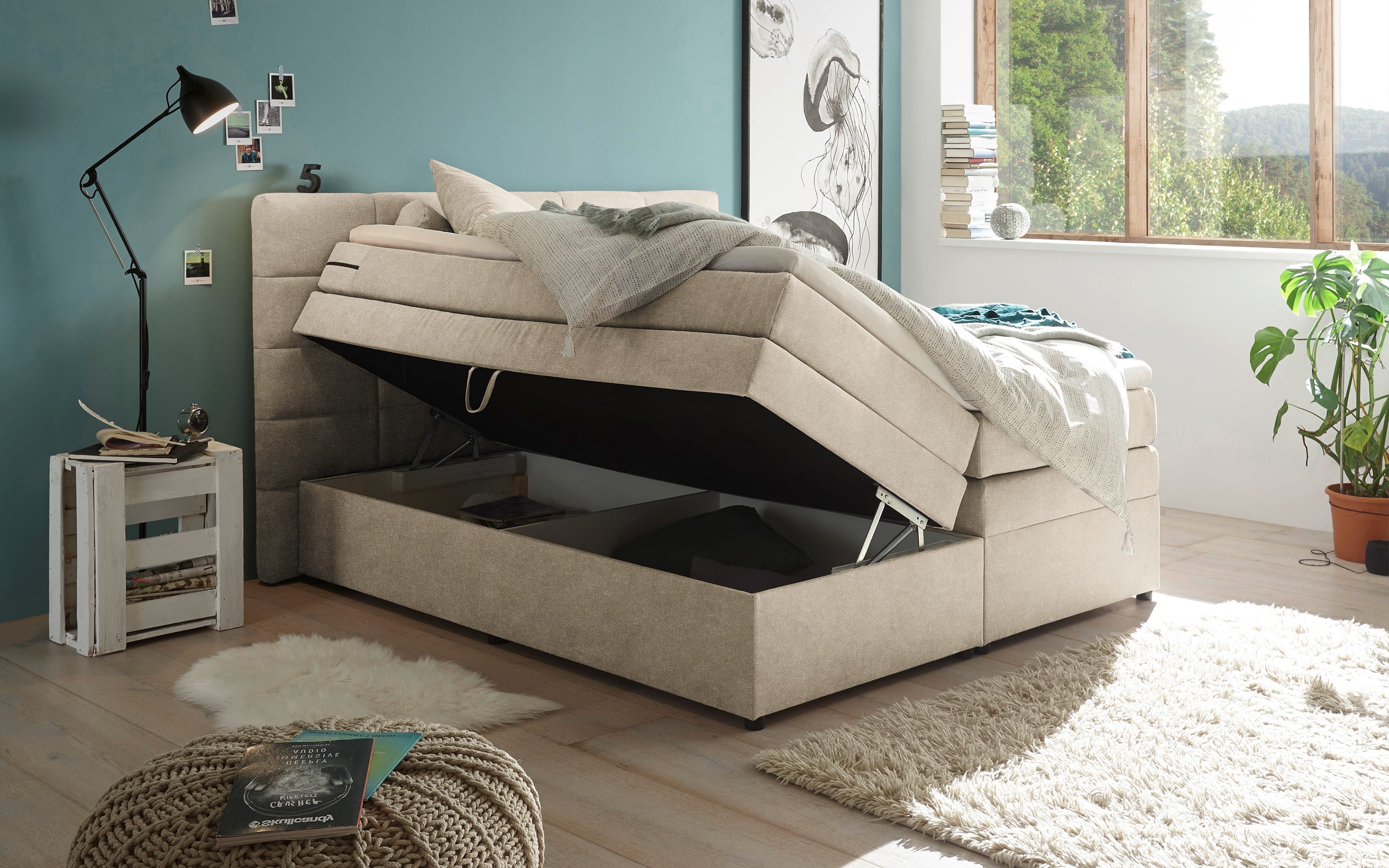 Boxspringbett Tacoma 3, Uran sand, 180 x 200 cm, inkl. Topper und Bettkasten