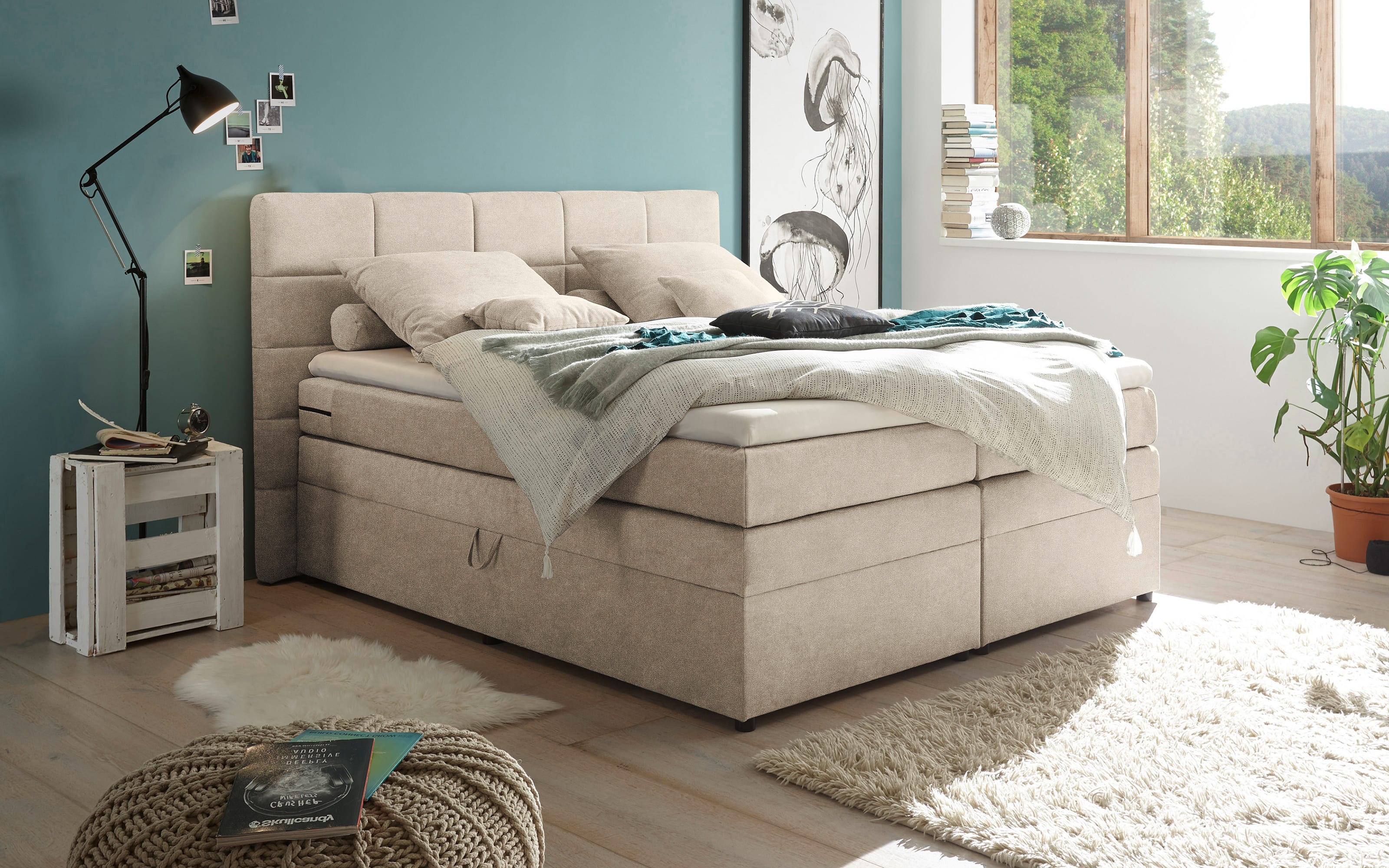 Boxspringbett Tacoma 3, Uran sand, 180 x 200 cm, inkl. Topper und Bettkasten