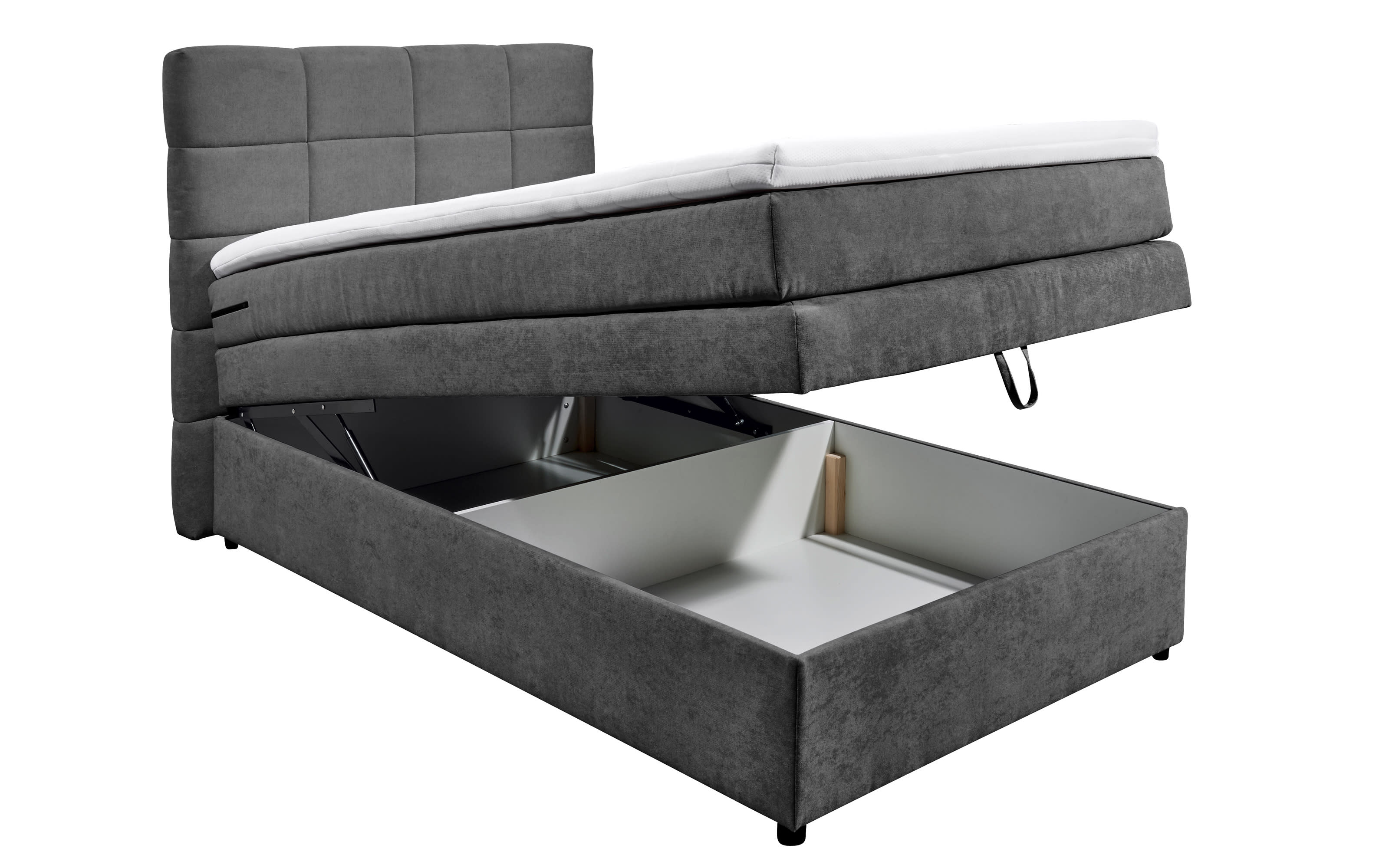 Boxspringbett Tacoma 3, Soro 97 anthrazit, 120 x 200 cm, inkl. Topper und Bettkasten