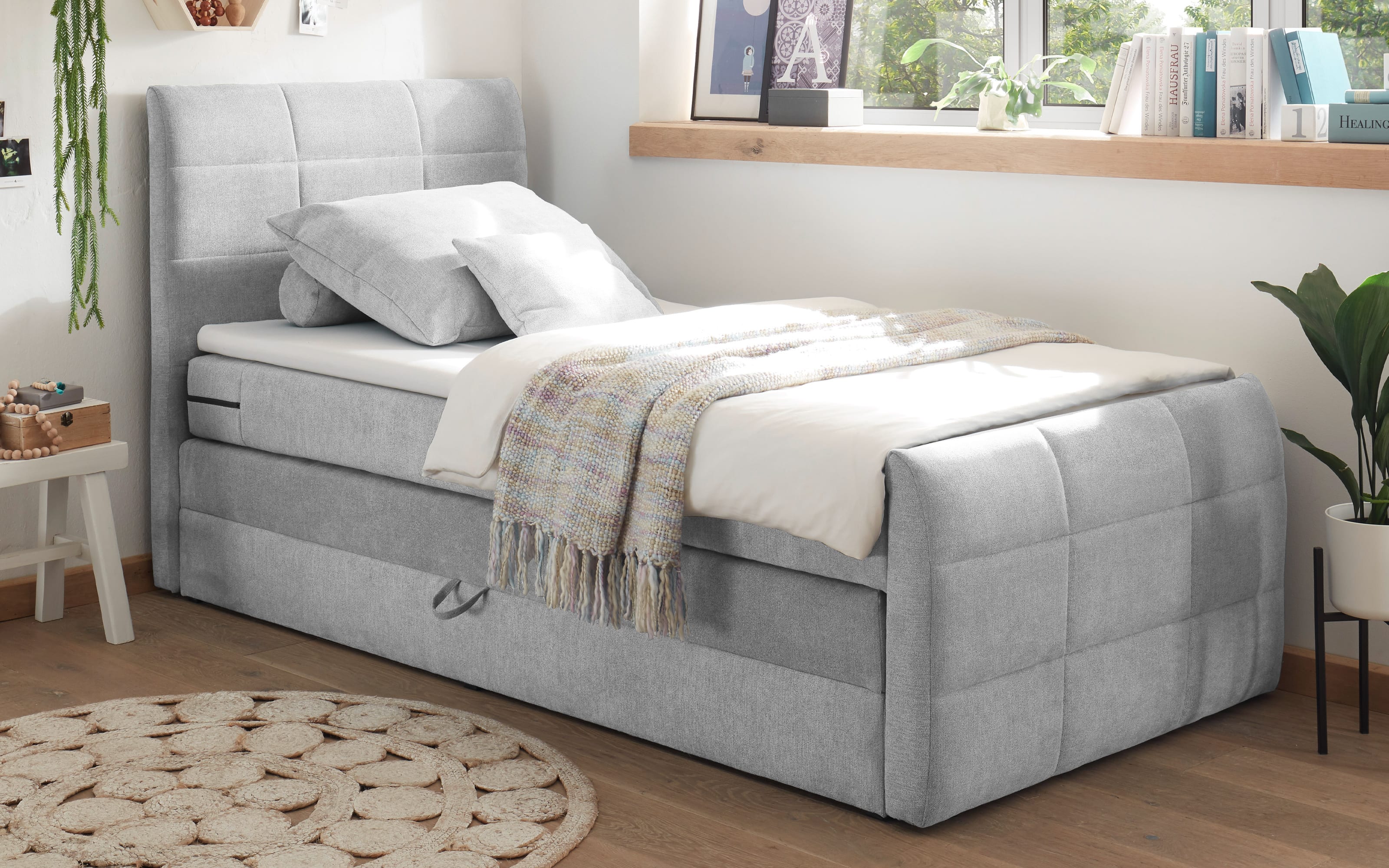 Boxspringbett Kuba 1, silver, 100 x 200 cm, inkl. Topper und Bettkasten