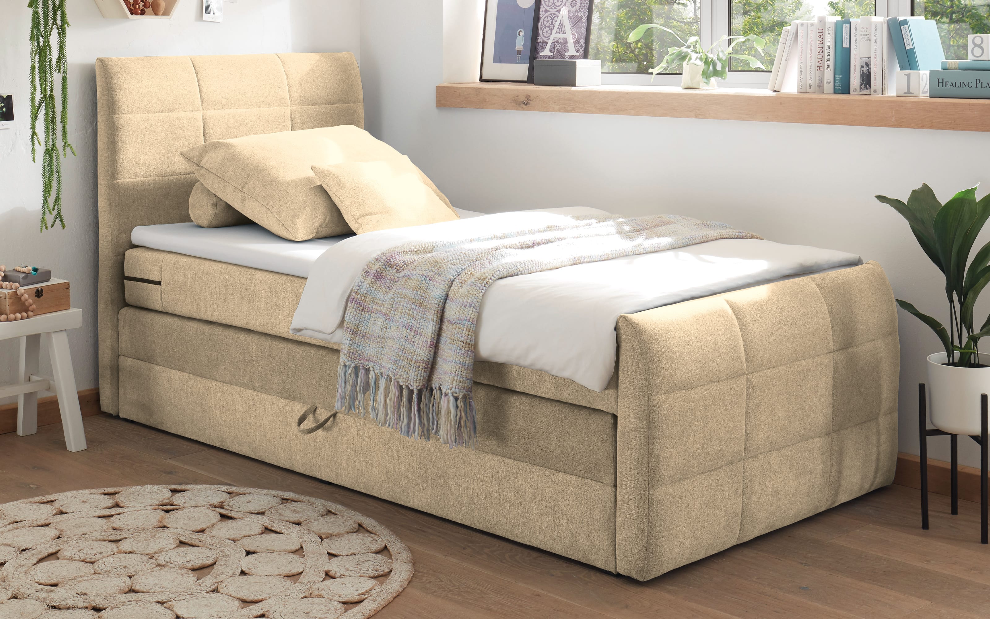 Boxspringbett Kuba 1, sand, 100 x 200 cm, inkl. Topper und Bettkasten