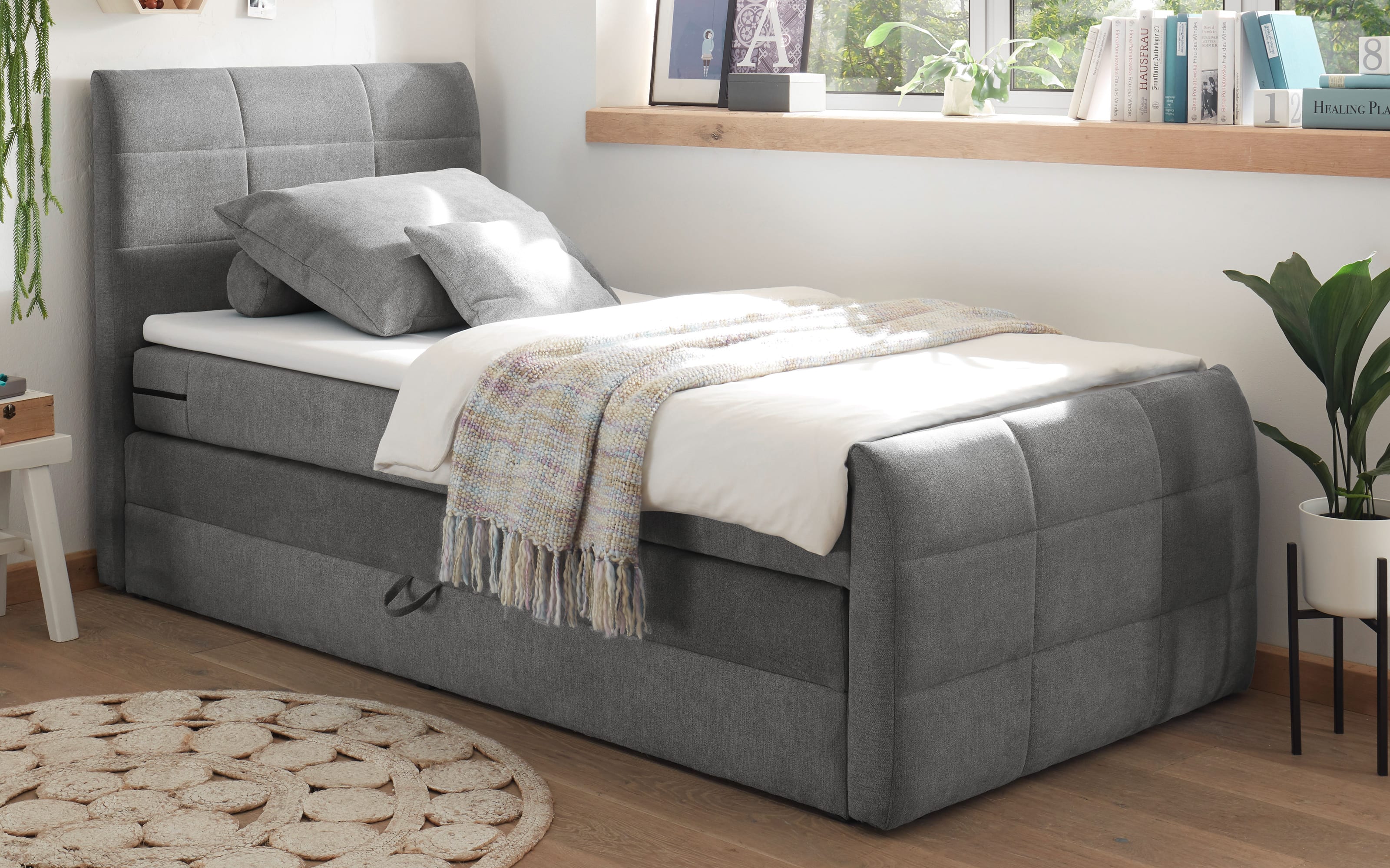 Boxspringbett Kuba 3, Uran dark grey, 120 x 200 cm, inkl. Visco-Topper und Bettkasten