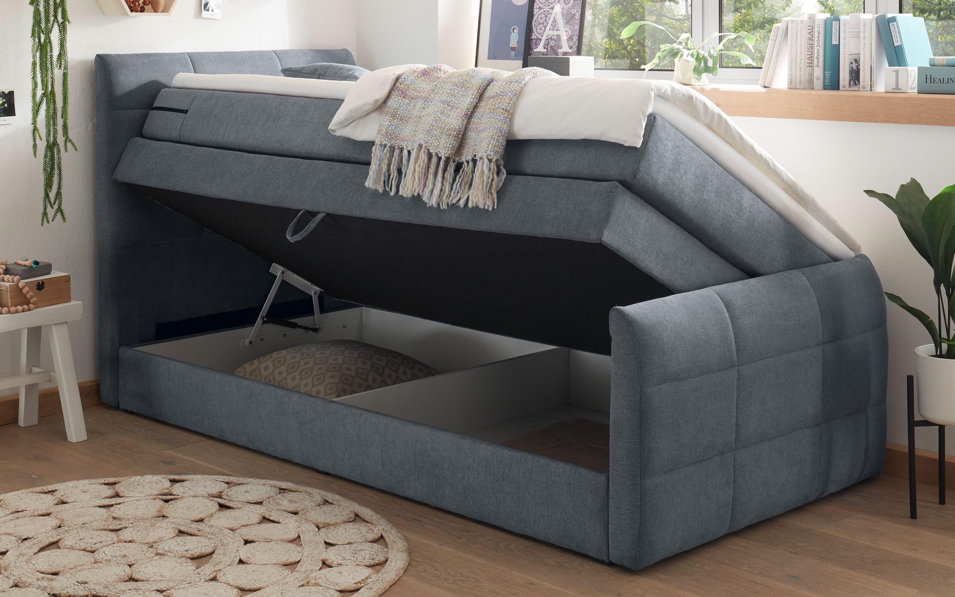 Boxspringbett Kuba 3, Uran 04 anthrazit, 120 x 200 cm, inkl. Visco-Topper und Bettkasten