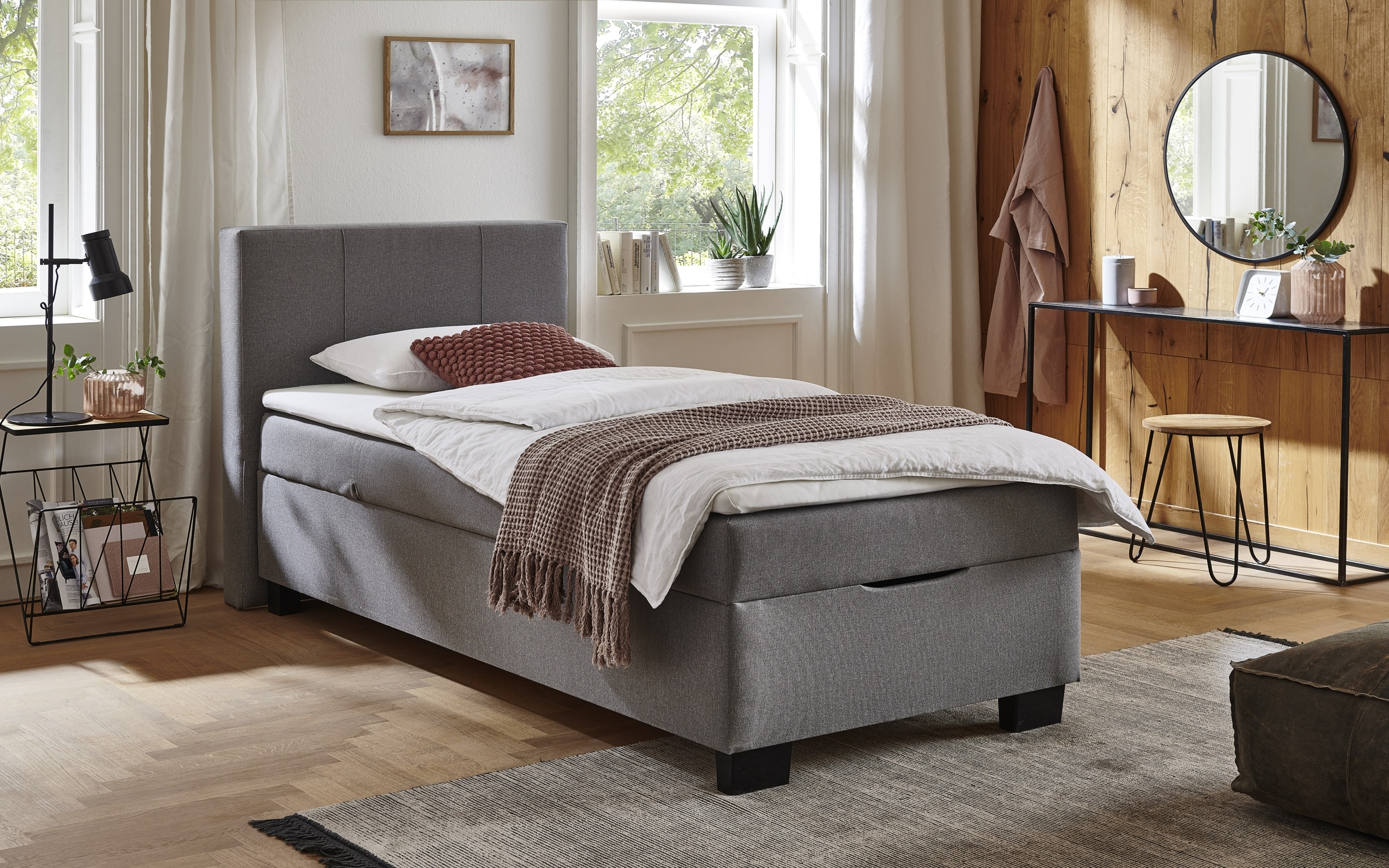 Boxspringbett BX1620 Fontana, grau, 90 x 200 cm