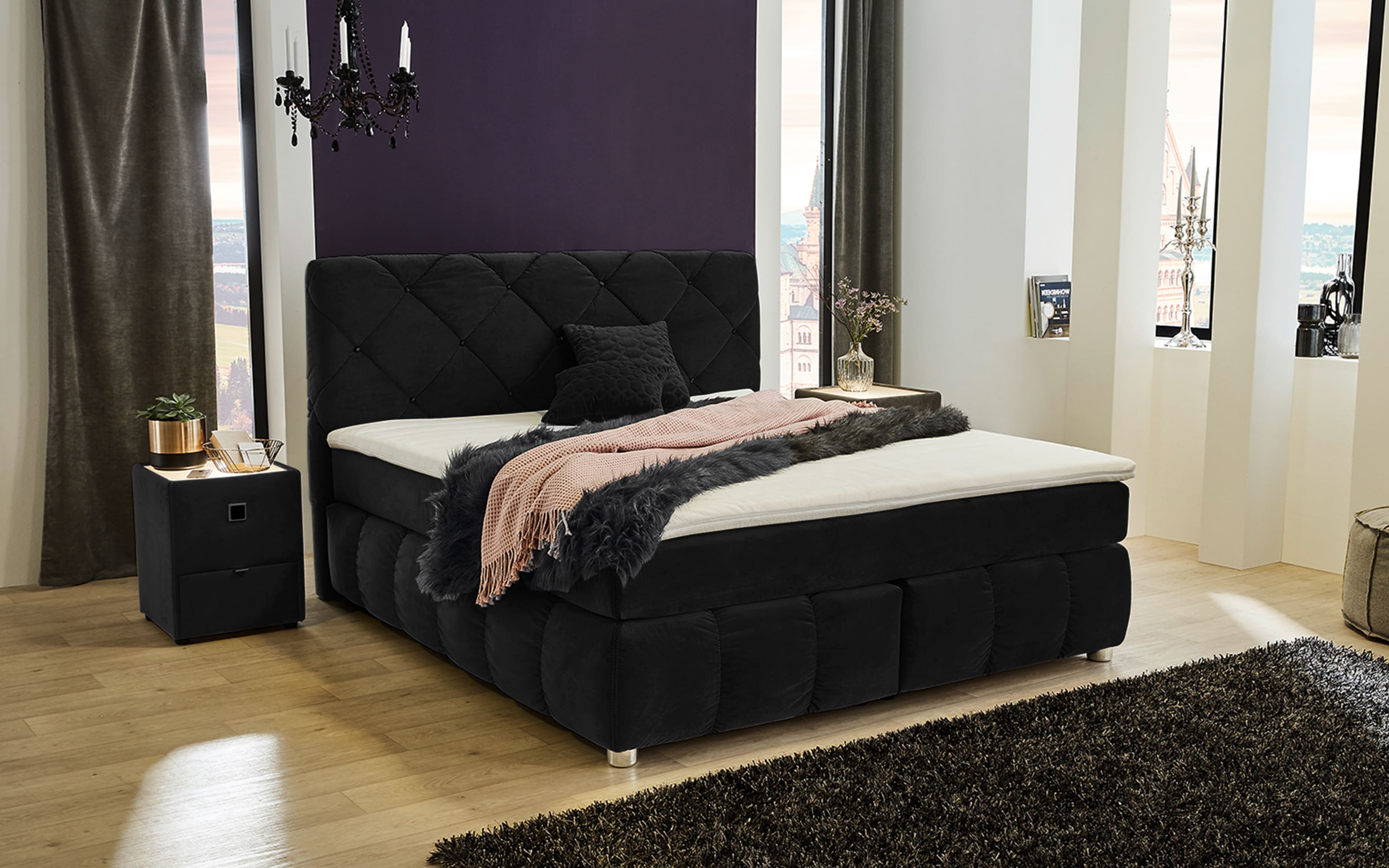 Boxspringbett Bella, schwarz, 180 x 200 cm, Härtegrad medium und fest