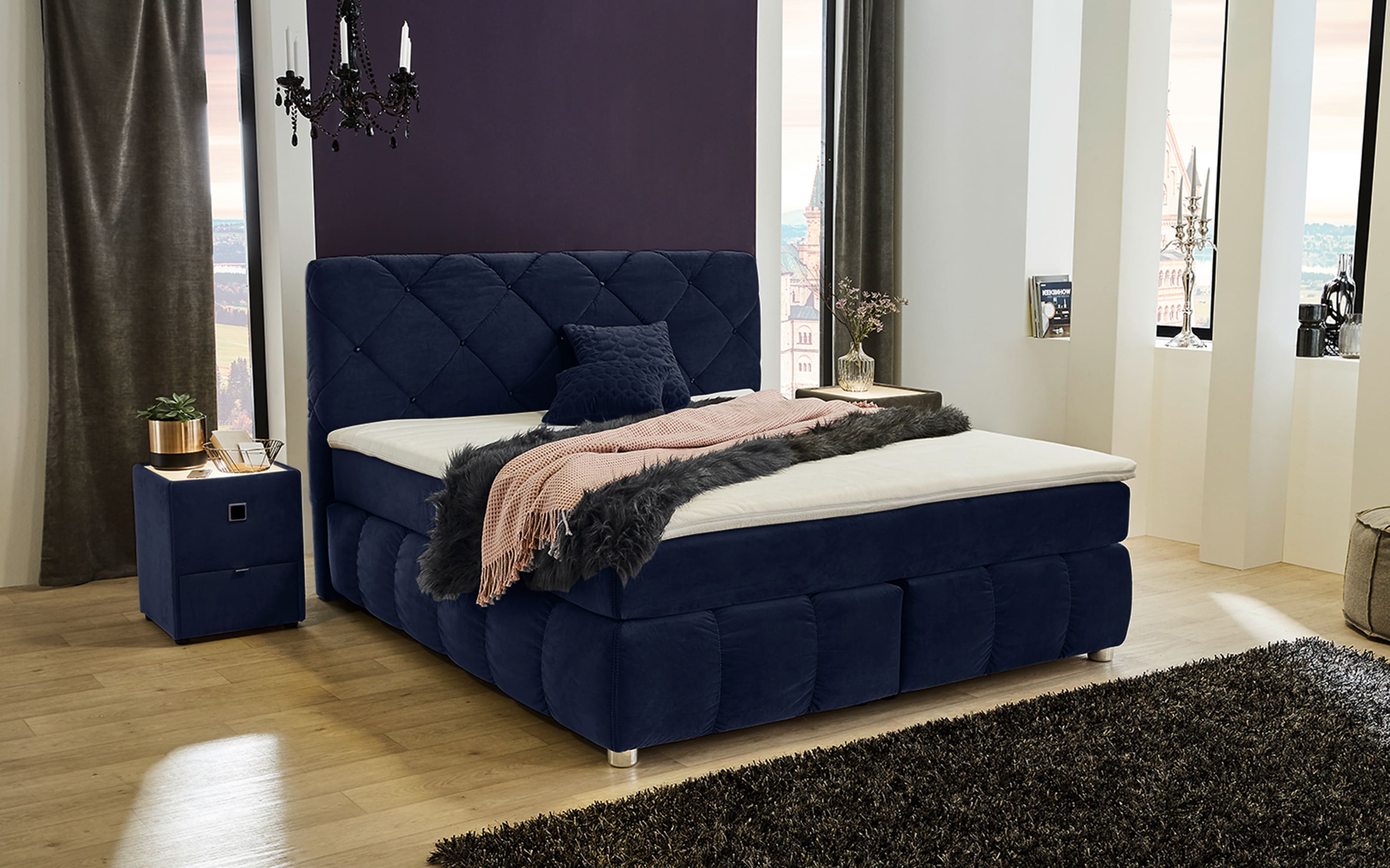 Boxspringbett Bella, blau, 180 x 200 cm, Härtegrad medium und fest