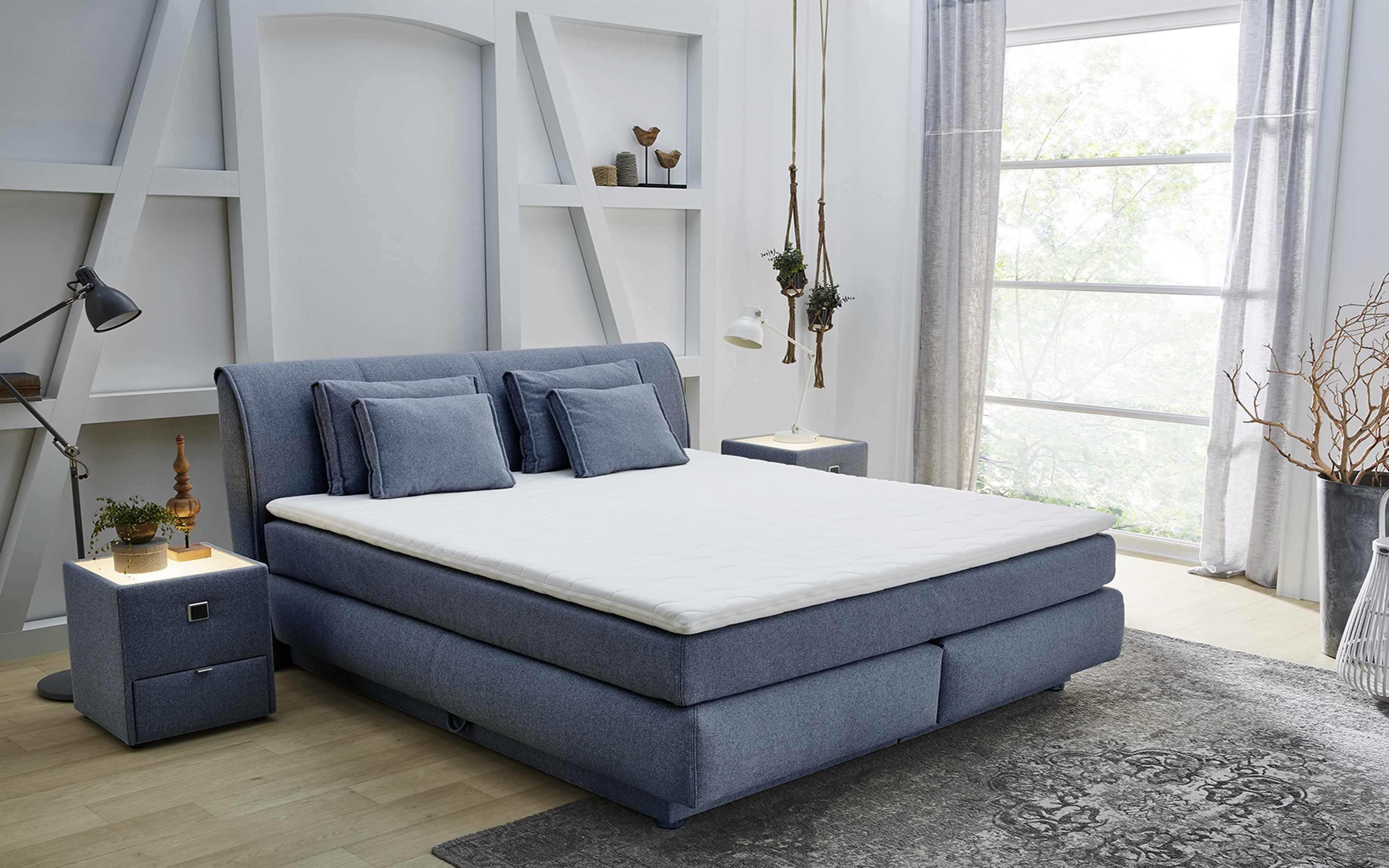 Boxspringbett Carla Mix, blau, 180 x 200 cm, Härtegrad medium und fest