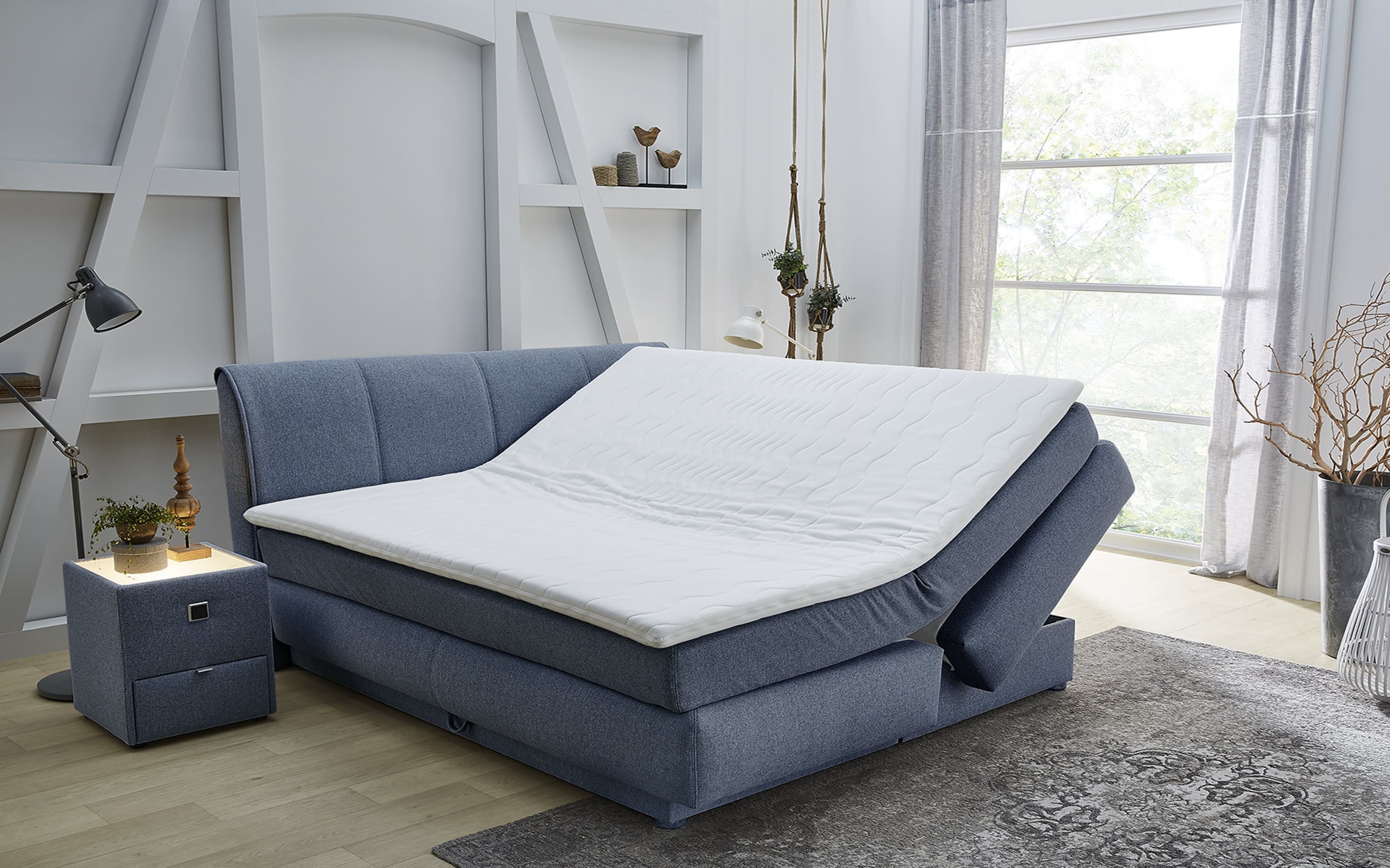 Boxspringbett Carla Mix, blau, 180 x 200 cm, Härtegrad medium und fest