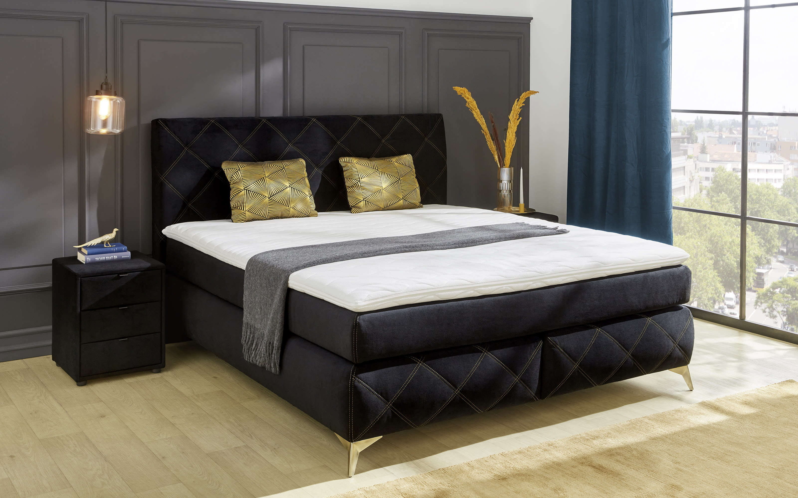 Boxspringbett Leyla, schwarz/gold, 180 x 200 cm