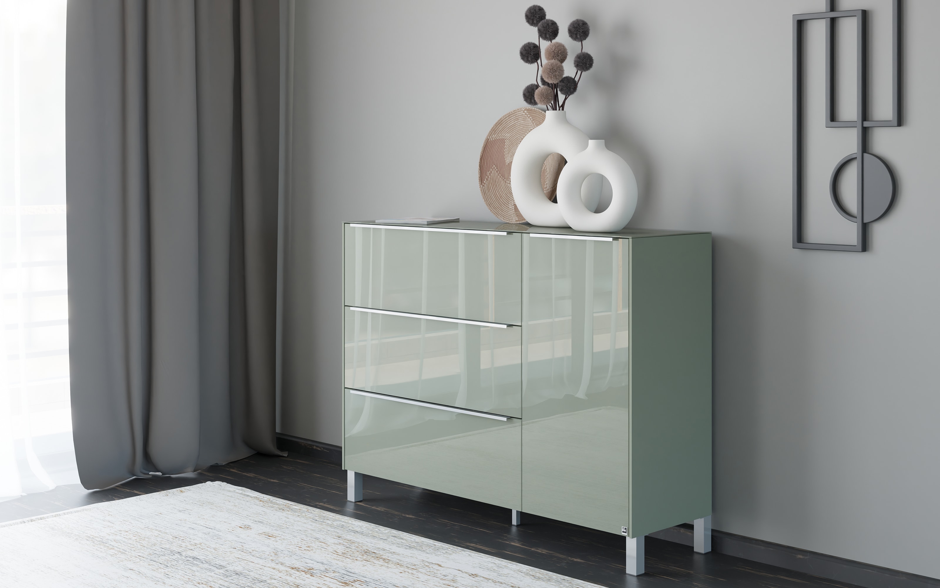 Kommode Reno, olivgrün/Edelstahl-Nachbildung 