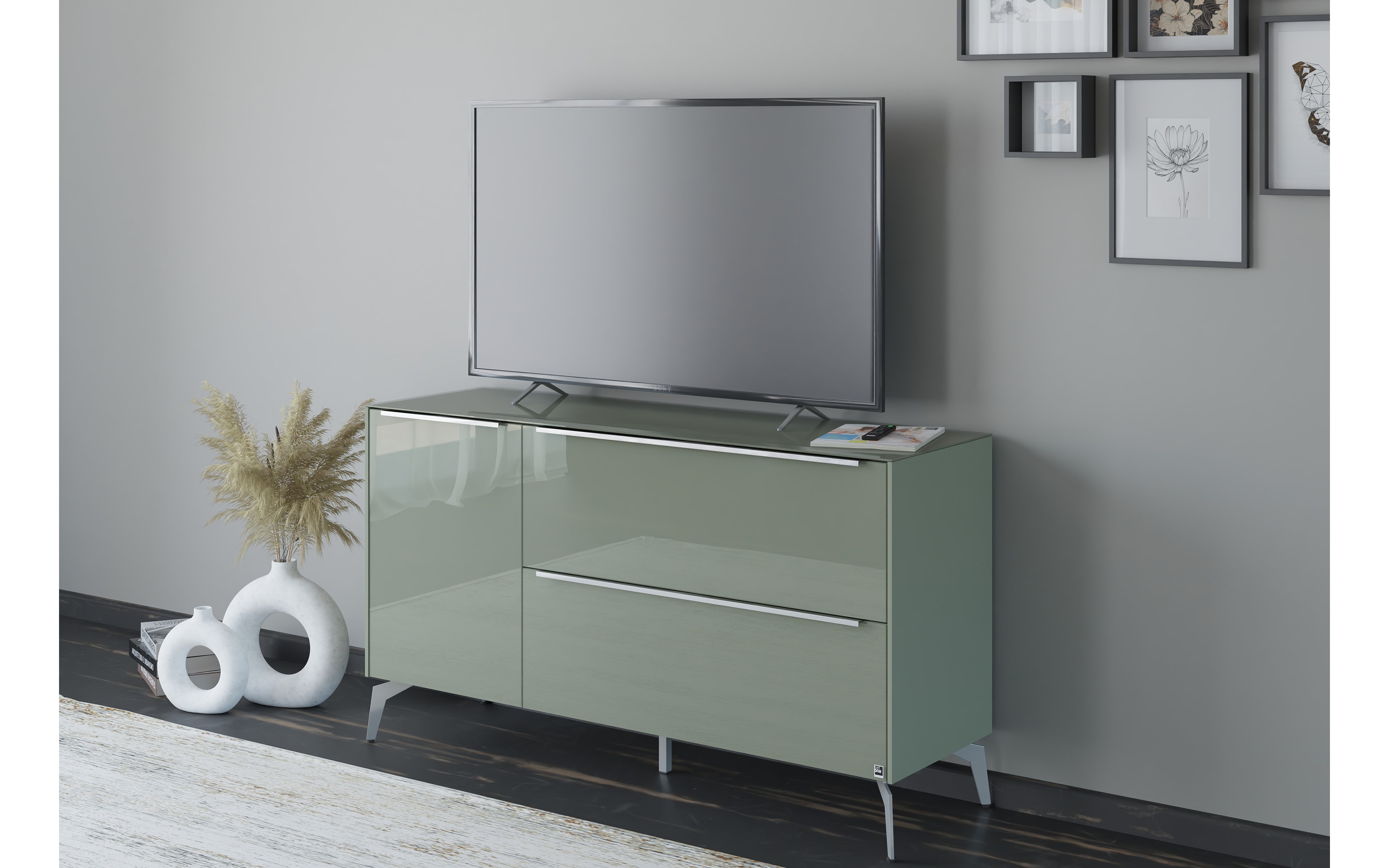 Lowboard Reno, olivgrün/Edelstahl-Nachbildung