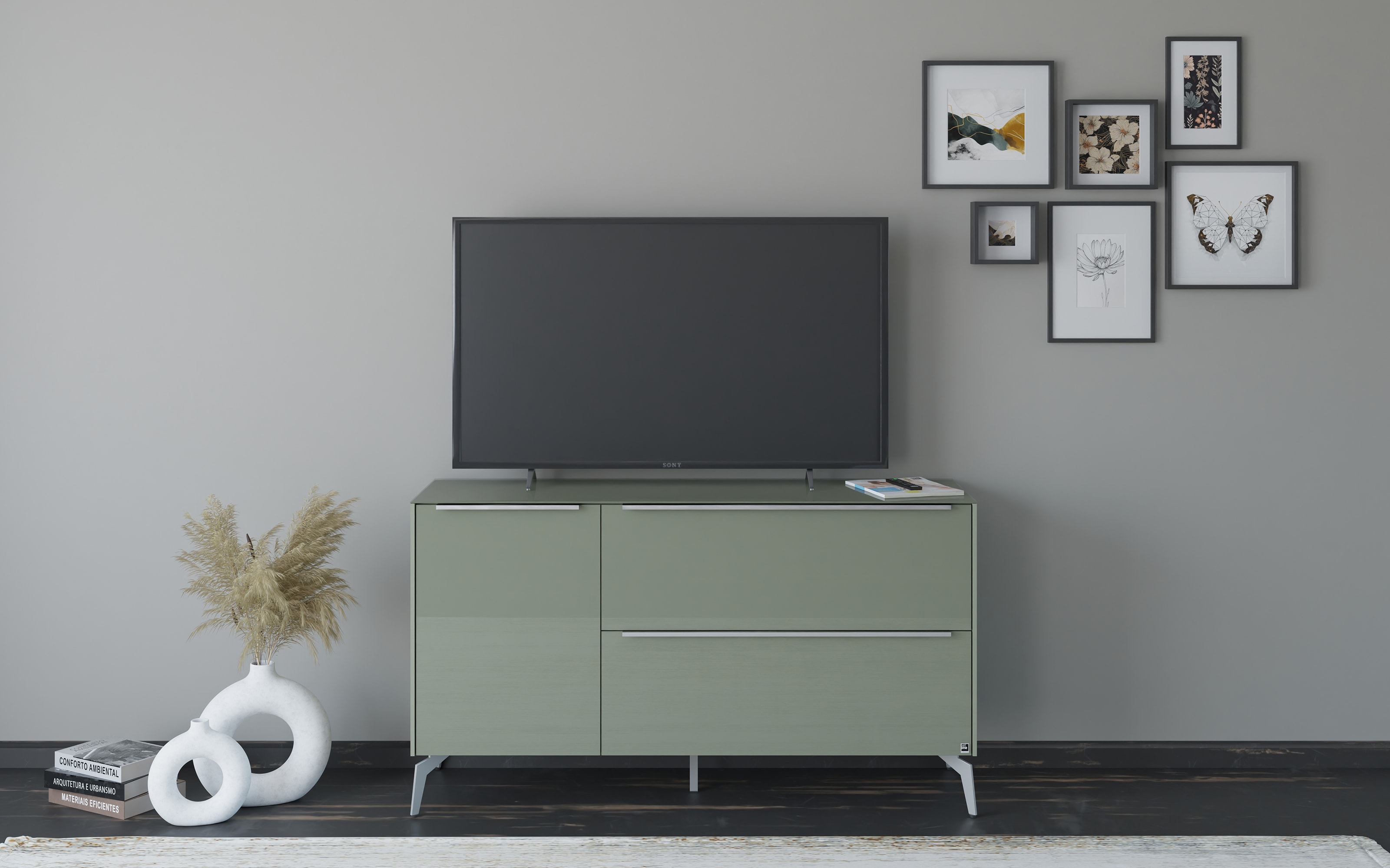 Lowboard Reno, olivgrün/Edelstahl-Nachbildung