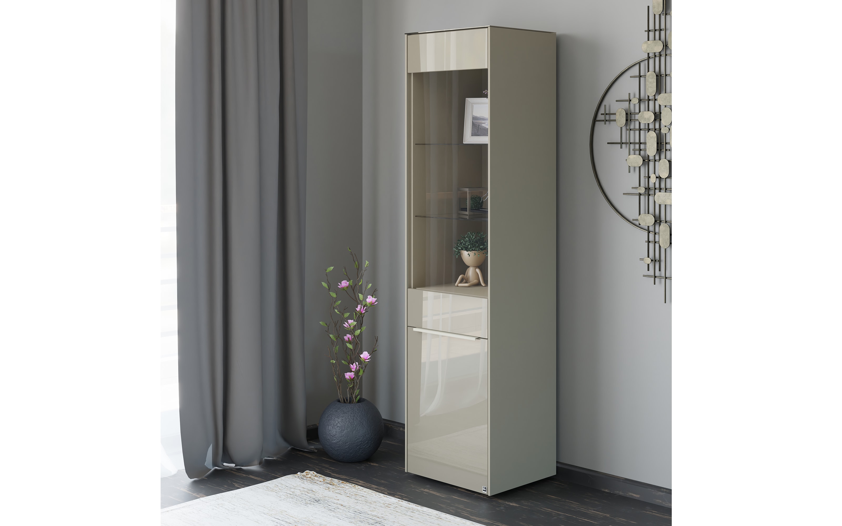 Standvitrine Reno, taupe/Edelstahl-Nachbildung