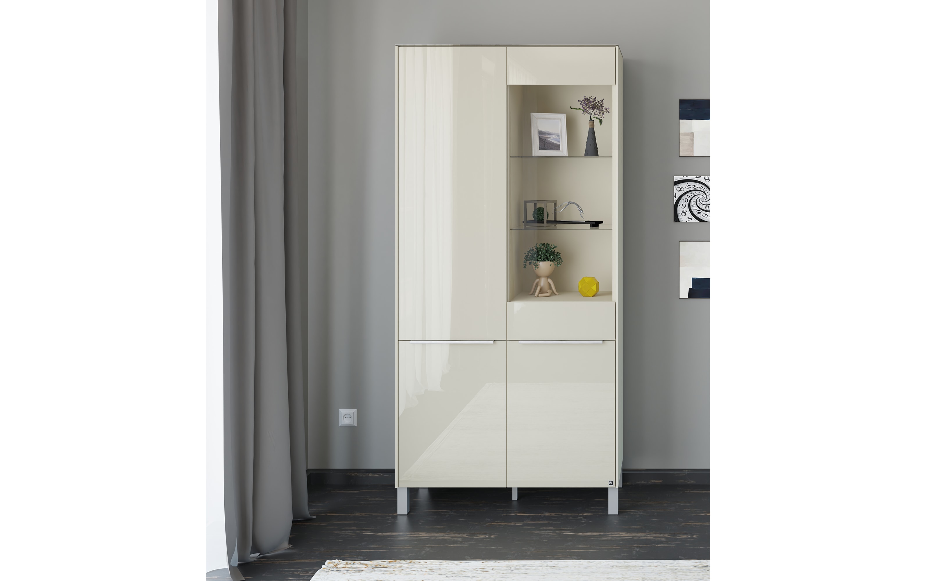 Vitrinenschrank Reno, kaschmir/Edelstahl-Nachbildung