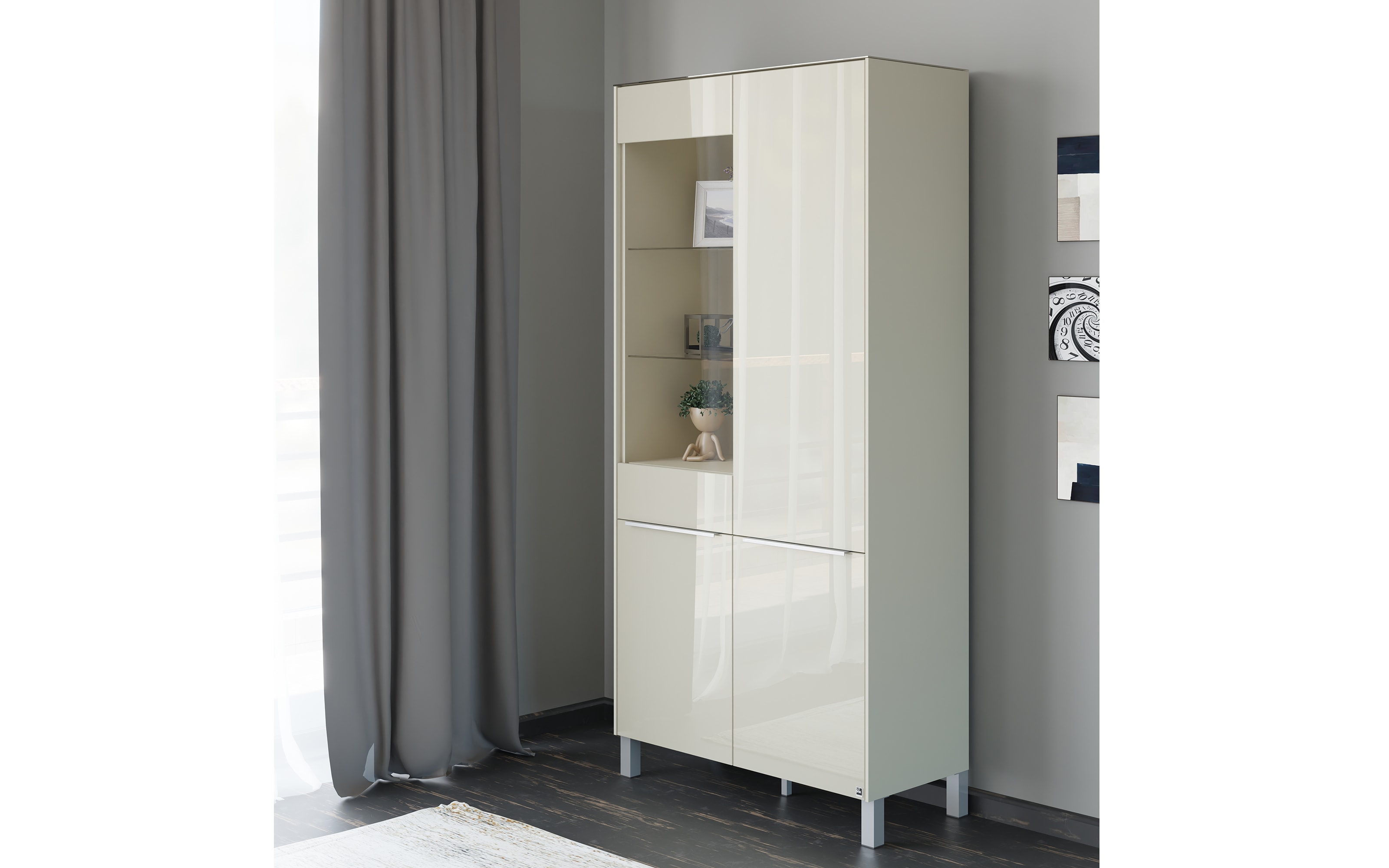 Vitrinenschrank Reno, kaschmir/Edelstahl-Nachbildung