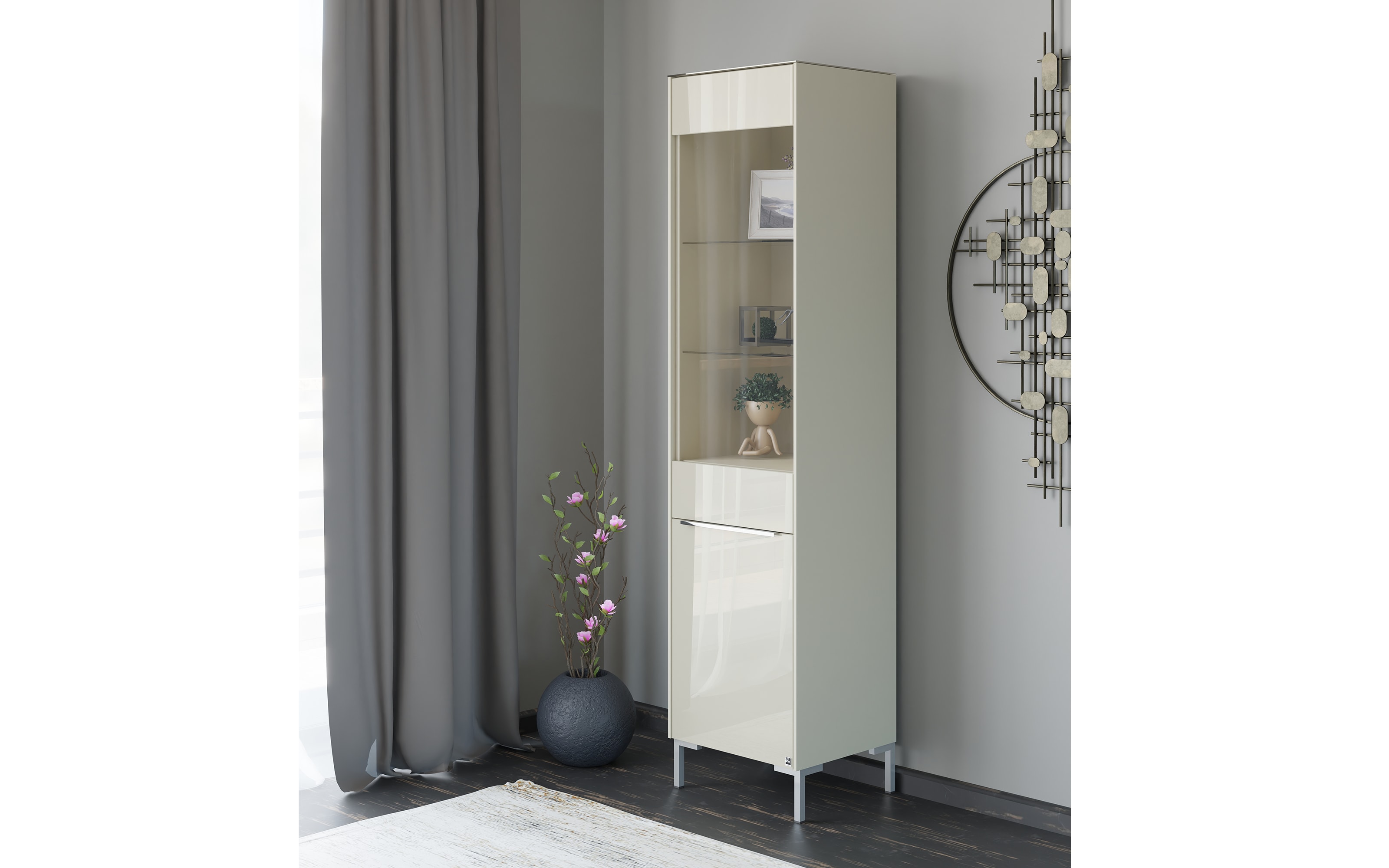 Standvitrine Reno, kaschmir/Edelstahl-Nachbildung