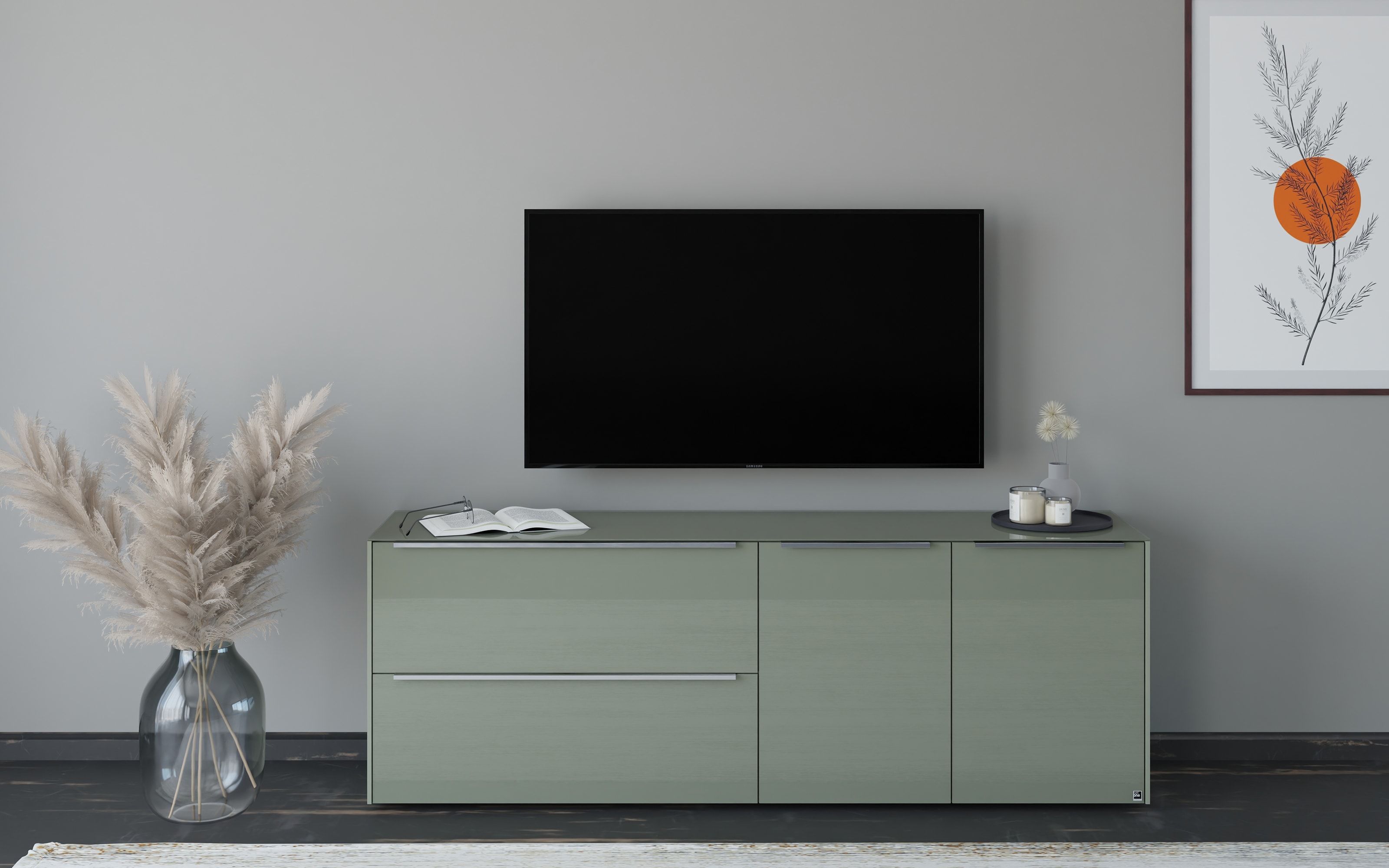 Lowboard Reno, olivgrün/Edelstahl-Nachbildung