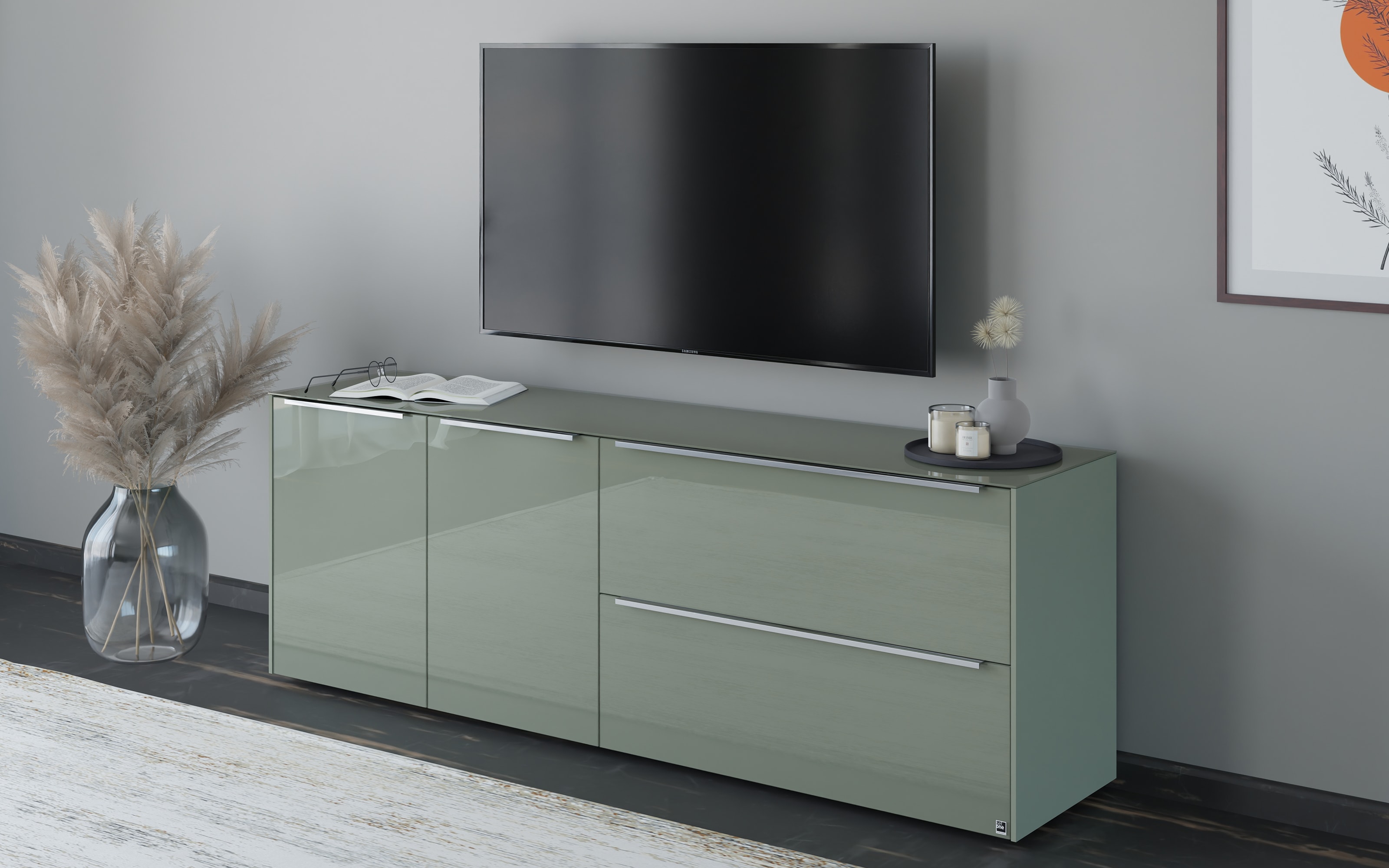 Lowboard Reno, olivgrün/Edelstahl-Nachbildung