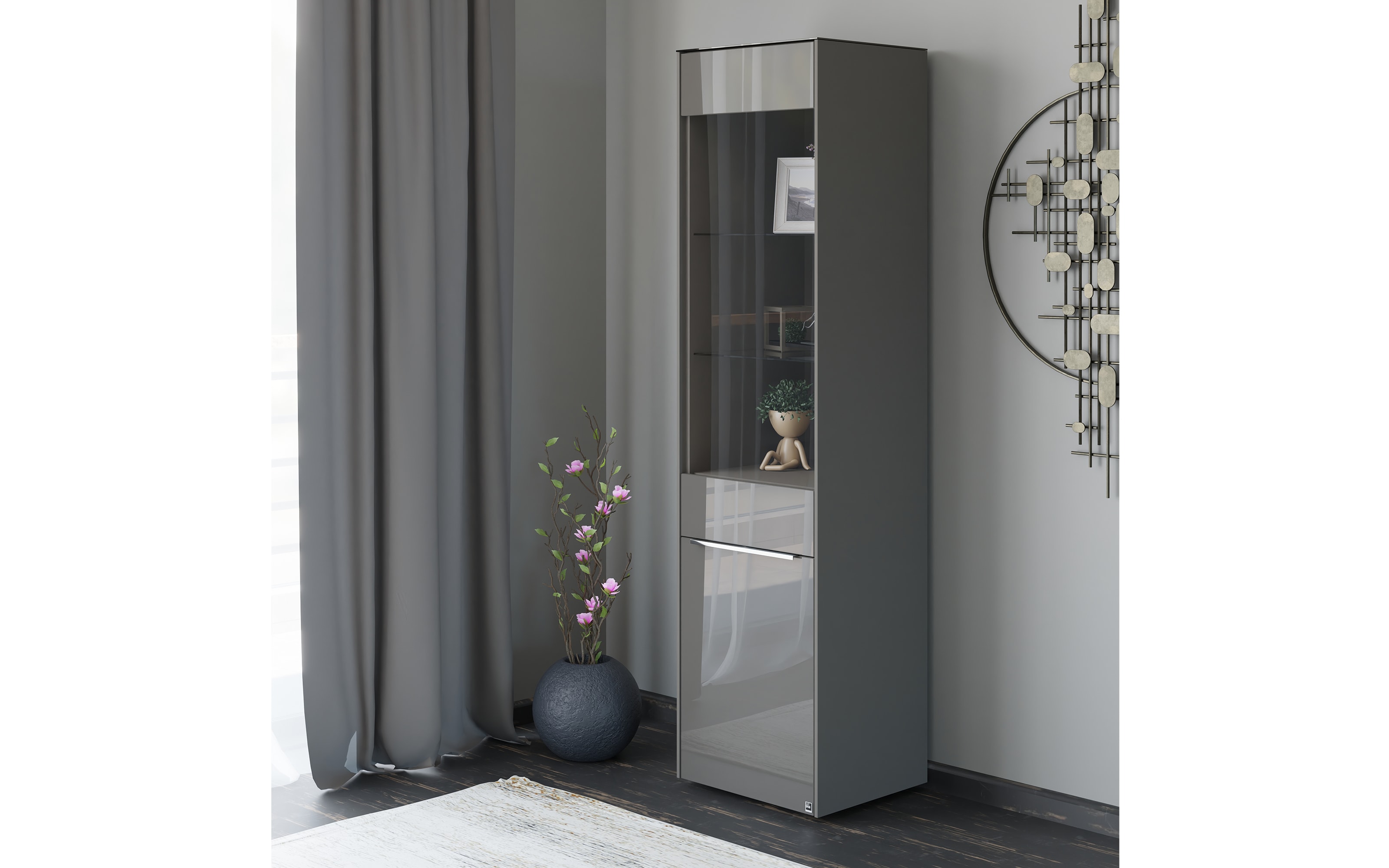 Standvitrine Reno, anthrazit/Edelstahl-Nachbildung