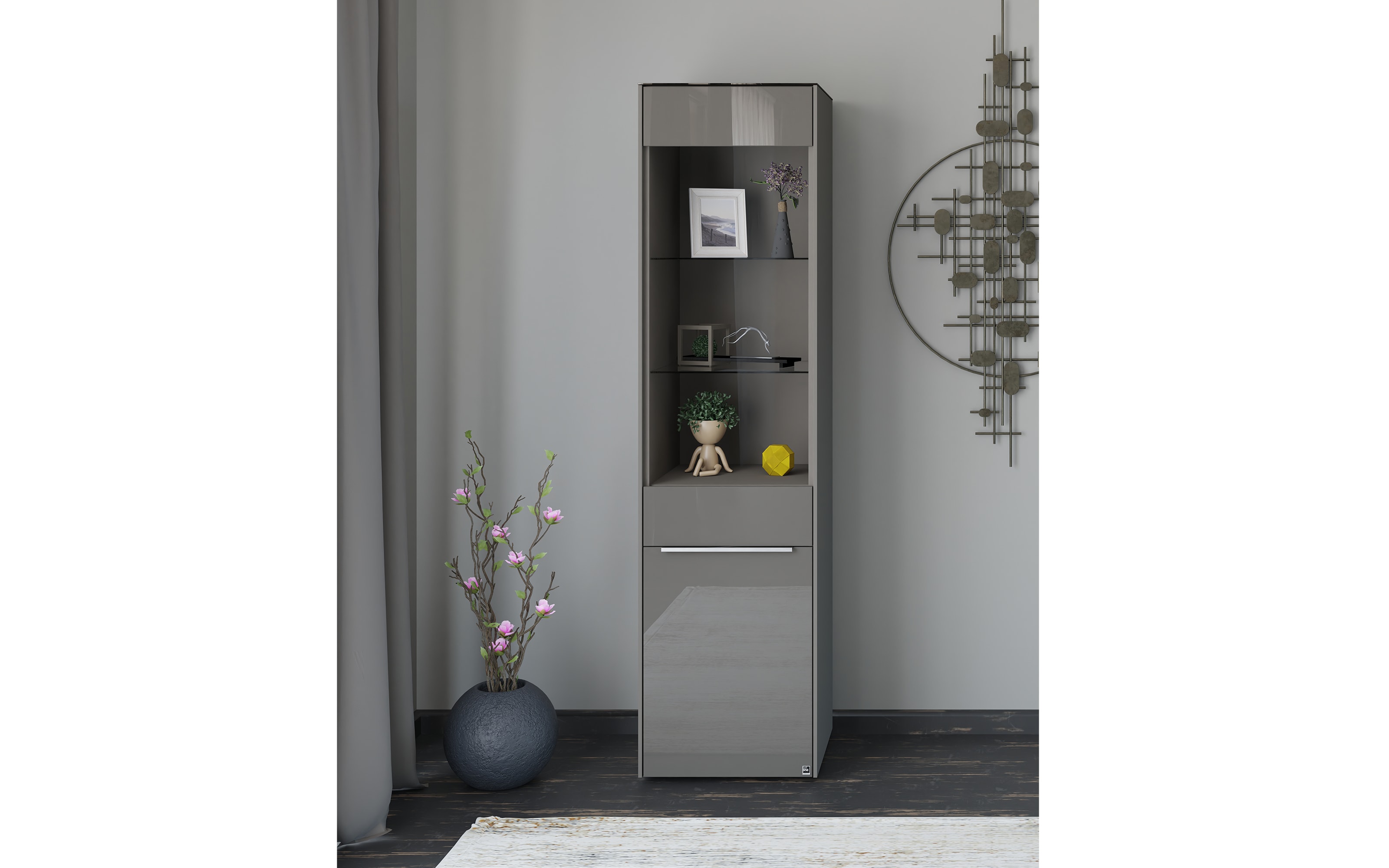 Standvitrine Reno, anthrazit/Edelstahl-Nachbildung