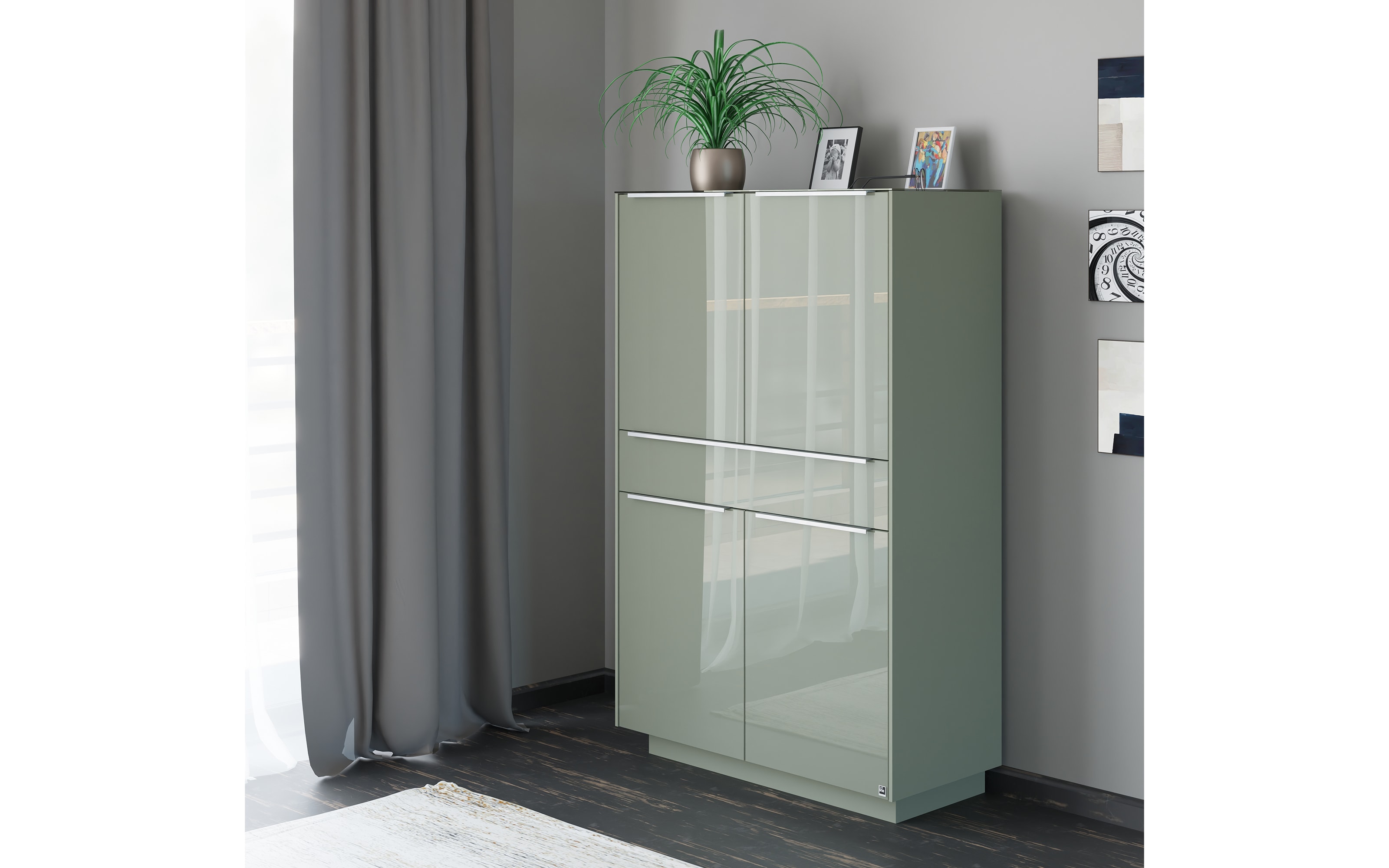 Highboard Reno, olivgrün/Edelstahl-Nachbildung