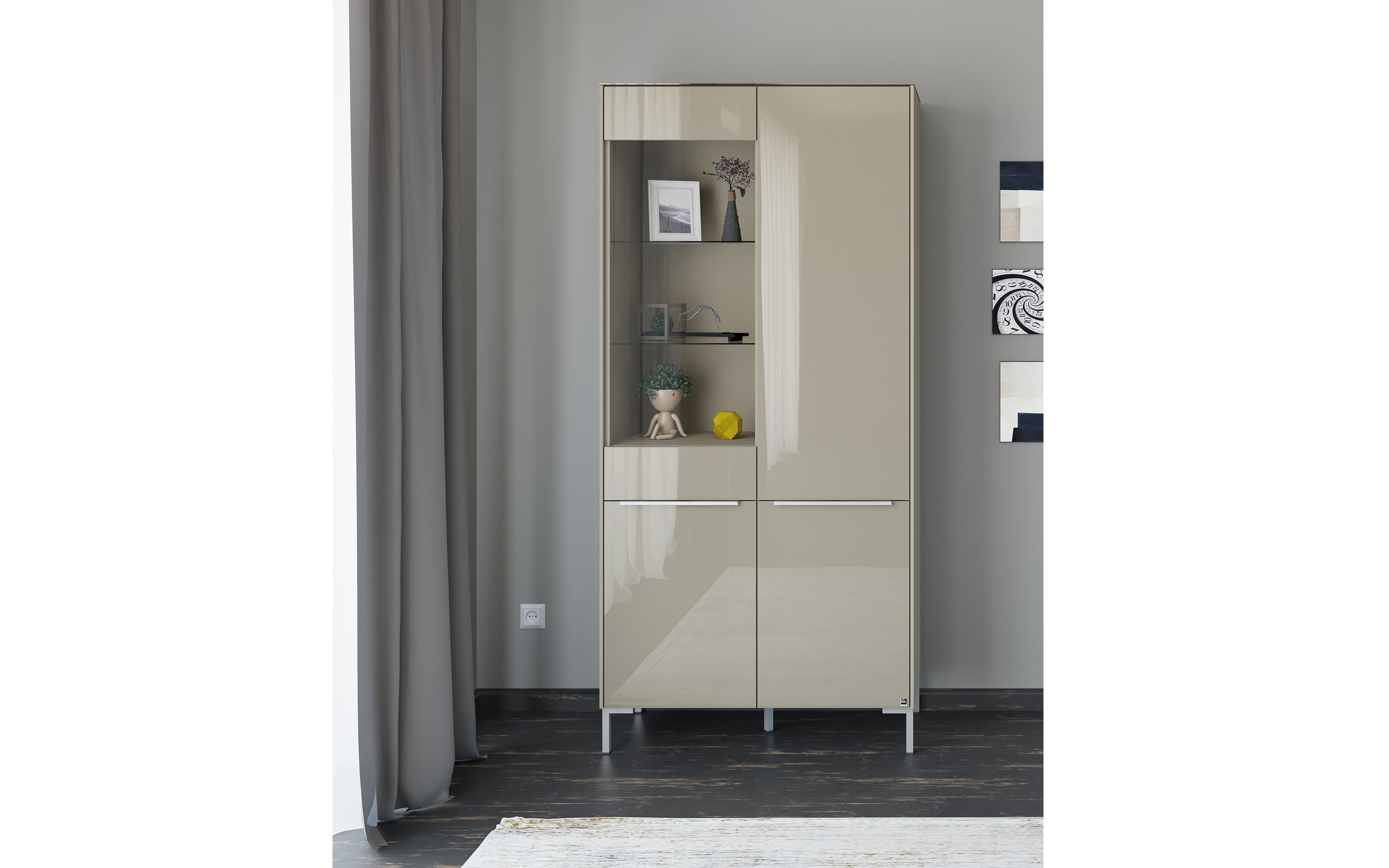 Vitrinenschrank Reno, taupe/Edelstahl-Nachbildung