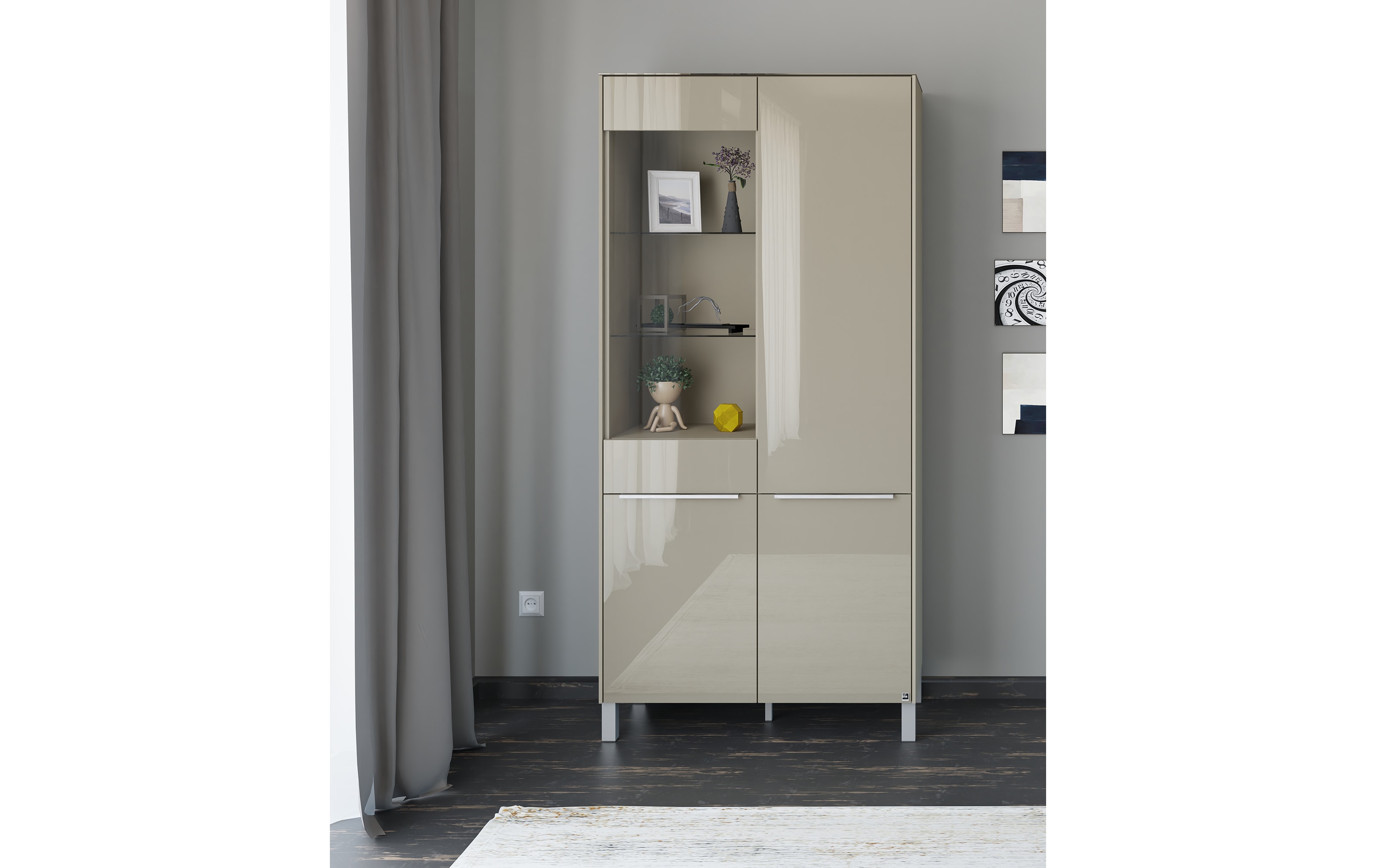 Vitrinenschrank Reno, taupe/Edelstahl-Nachbildung