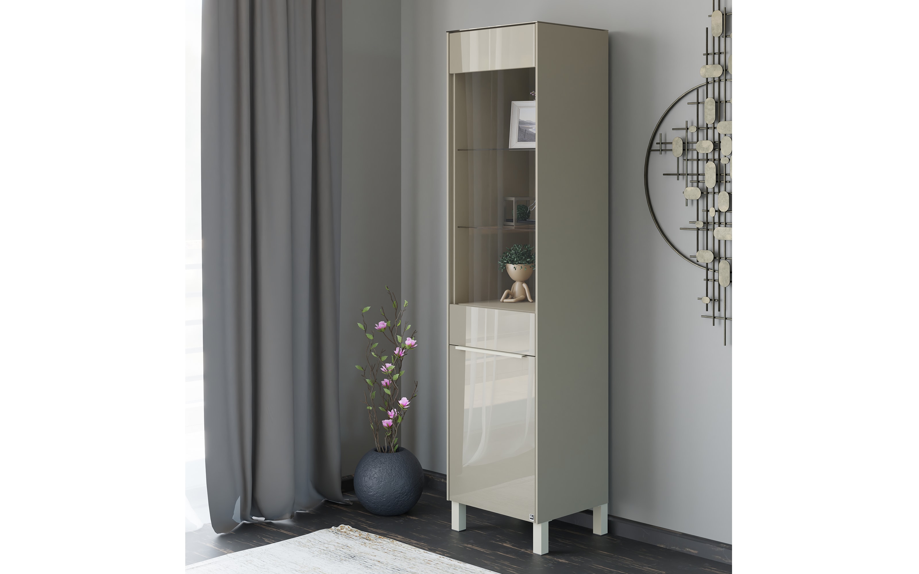 Standvitrine Reno, taupe/Edelstahl-Nachbildung