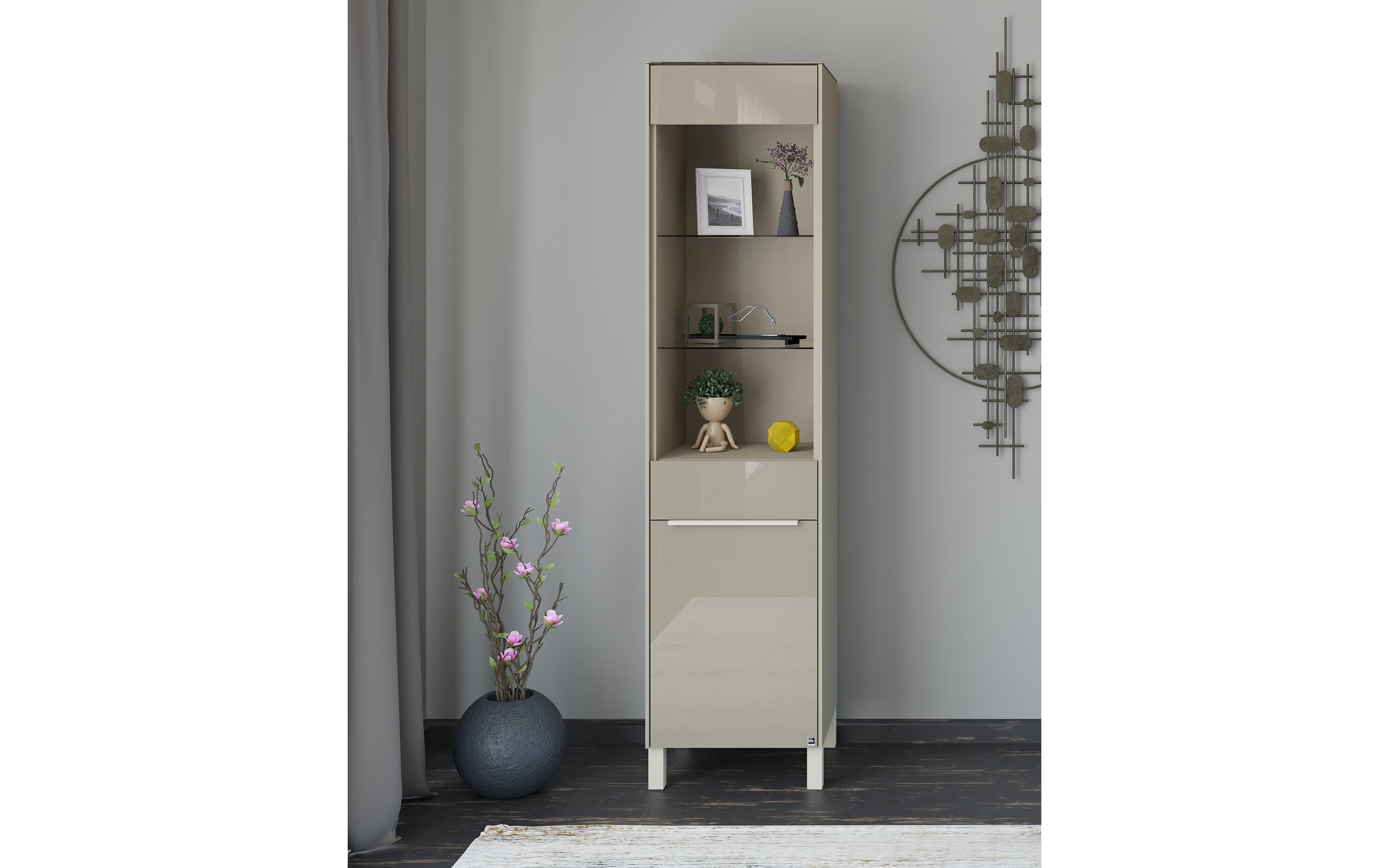 Standvitrine Reno, taupe/Edelstahl-Nachbildung