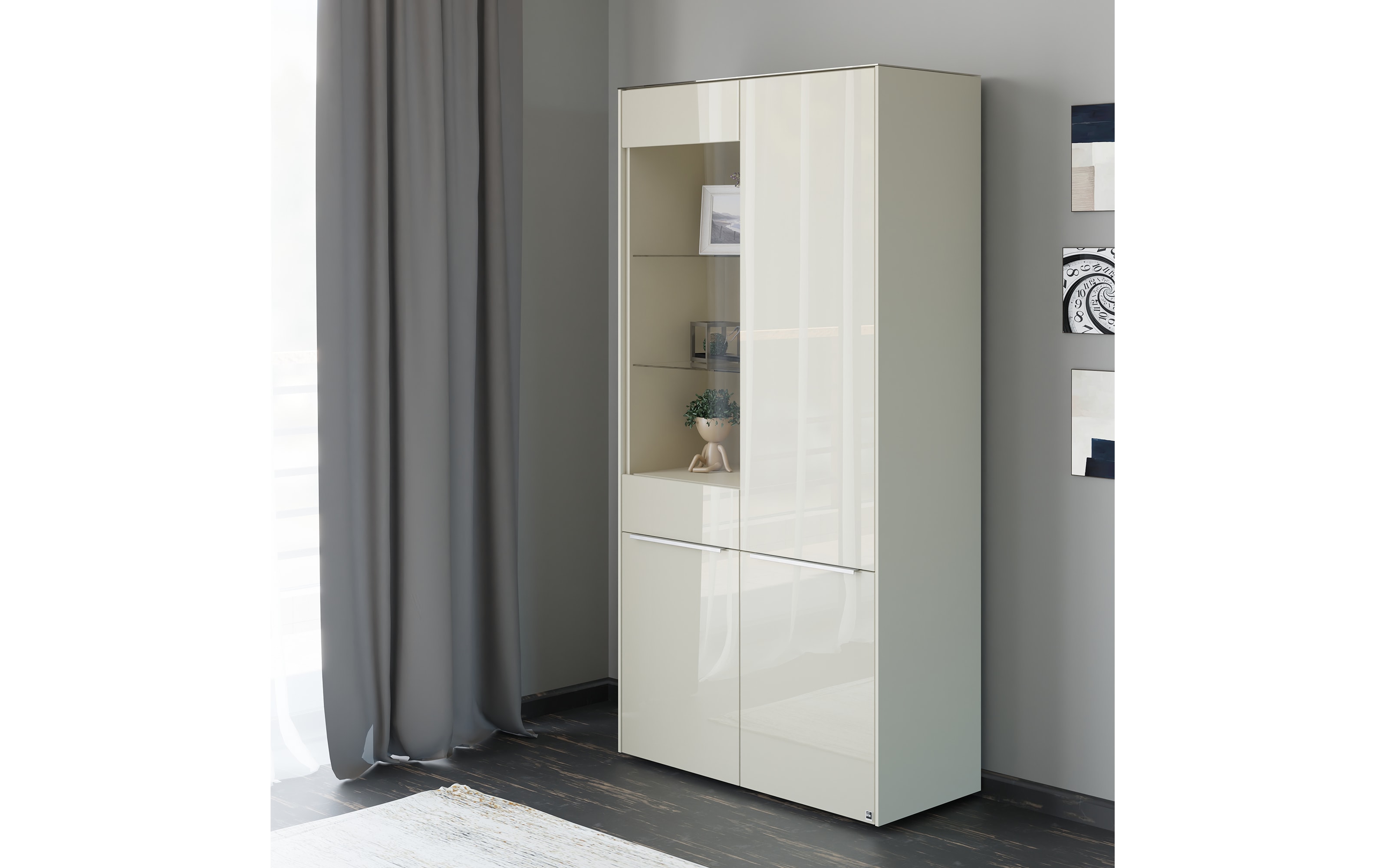 Vitrinenschrank Reno, kaschmir/Edelstahl-Nachbildung