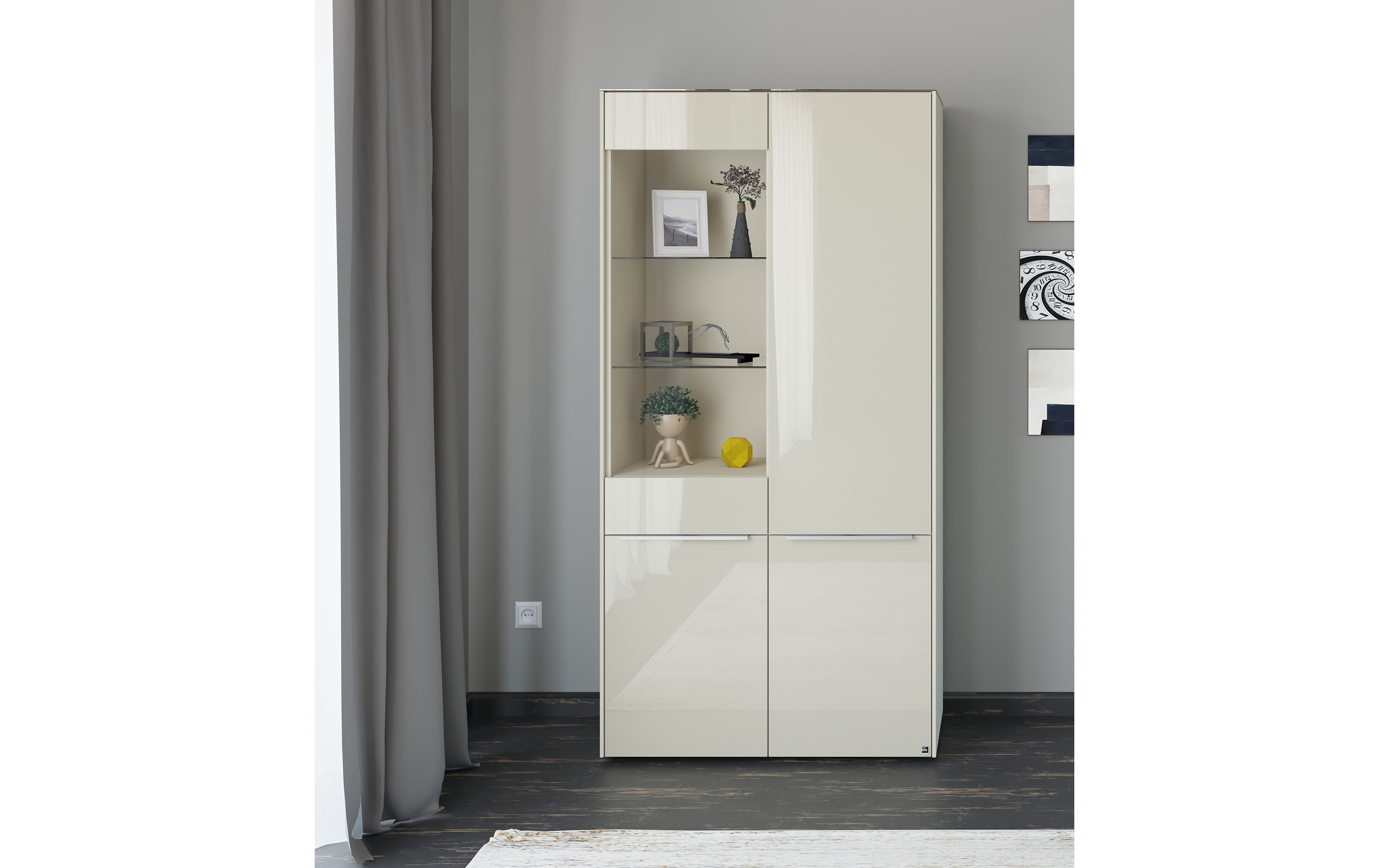 Vitrinenschrank Reno, kaschmir/Edelstahl-Nachbildung