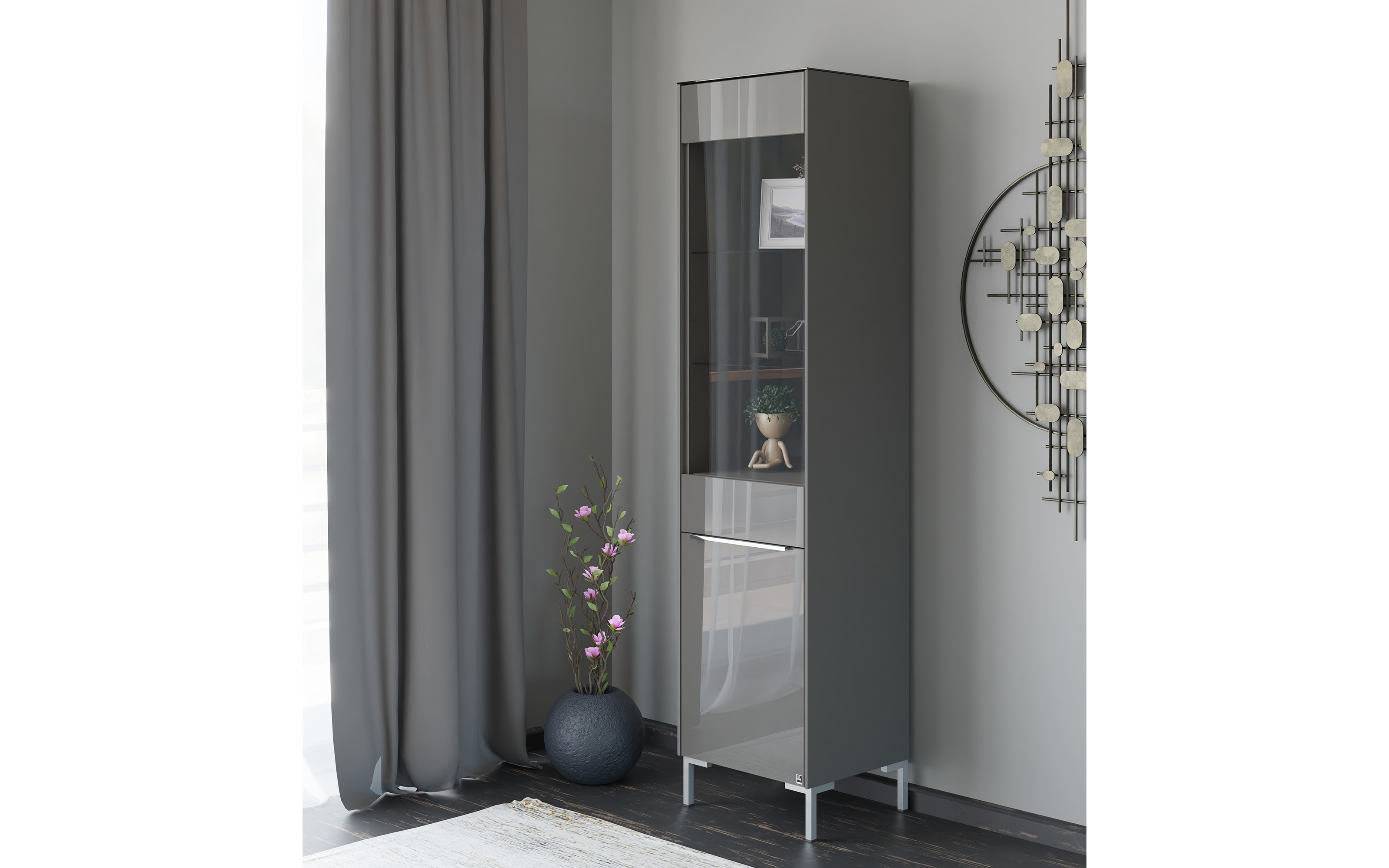 Standvitrine Reno, anthrazit/Edelstahl-Nachbildung