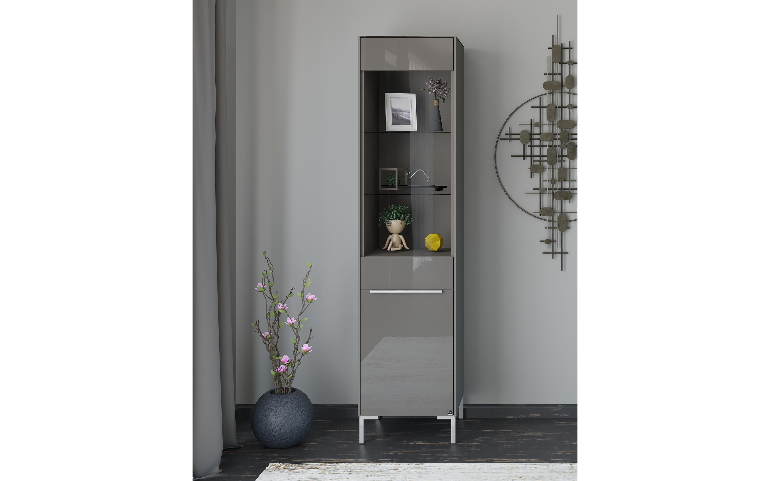 Standvitrine Reno, anthrazit/Edelstahl-Nachbildung